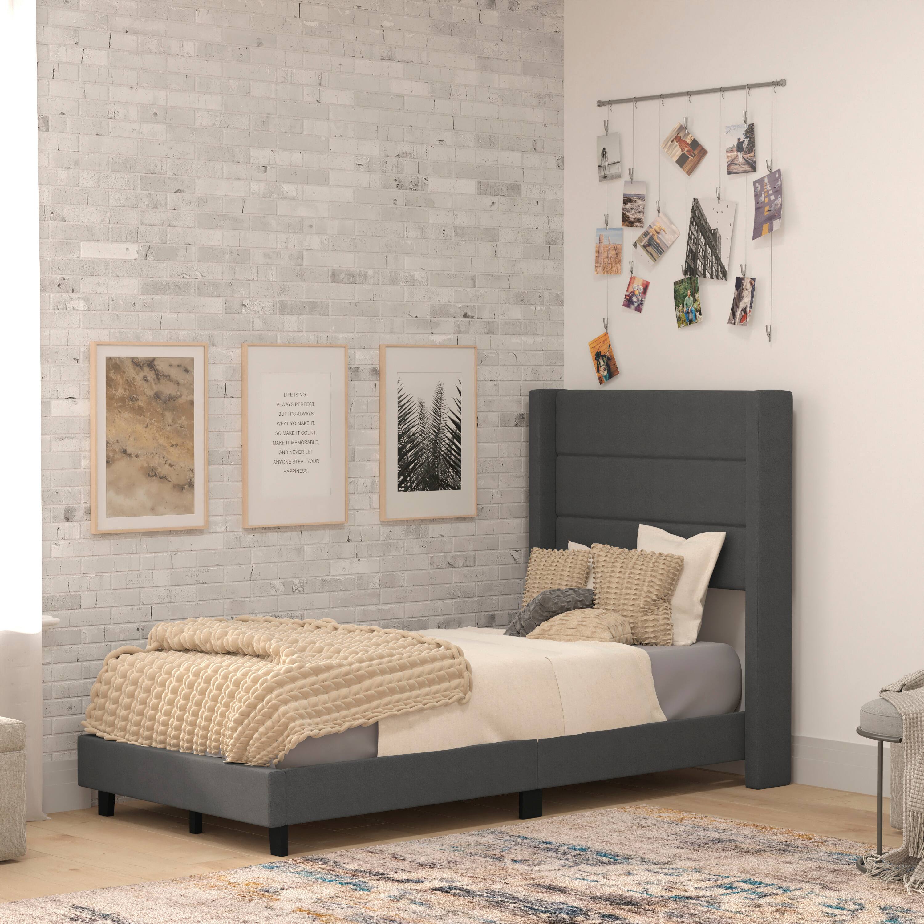 Front. Alamont Home - Hollis Twin Size Upholstered Platform Bed with Wingback Headboard - Charcoal.