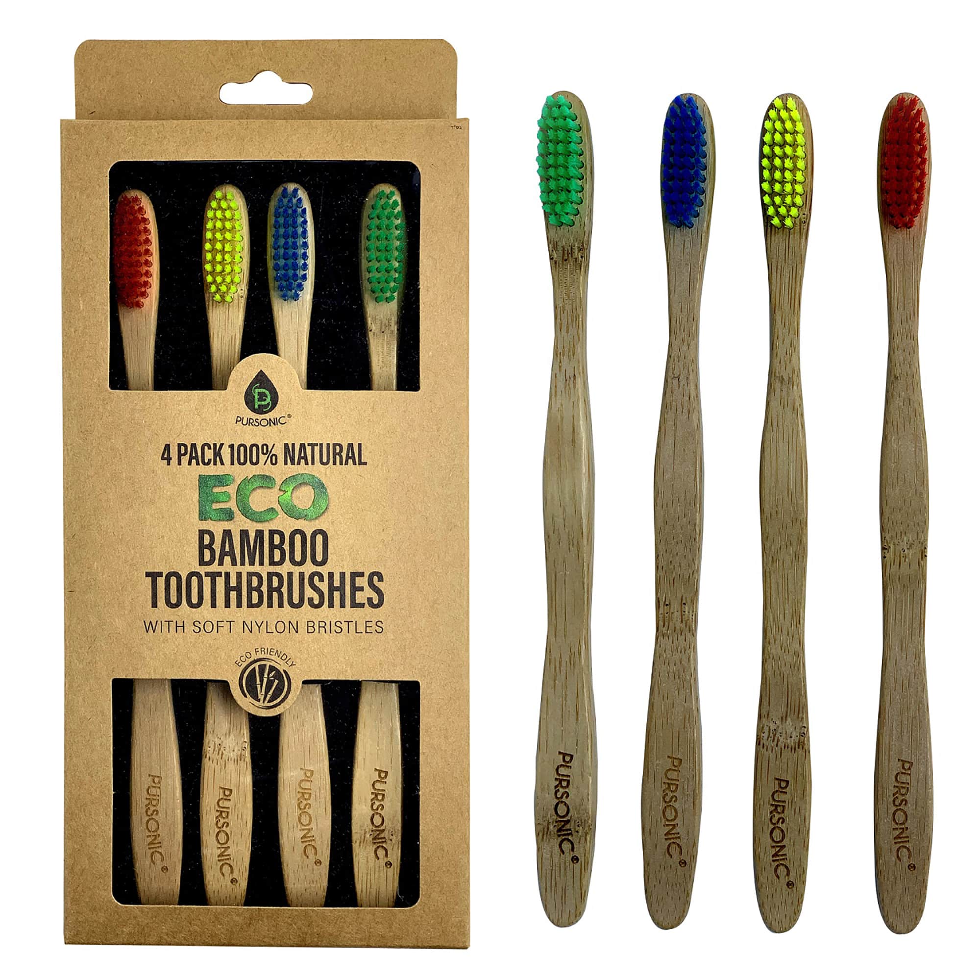 Pursonic - 100% Natural Eco Bamboo Toothbrushes (4 pack) - Multicolor