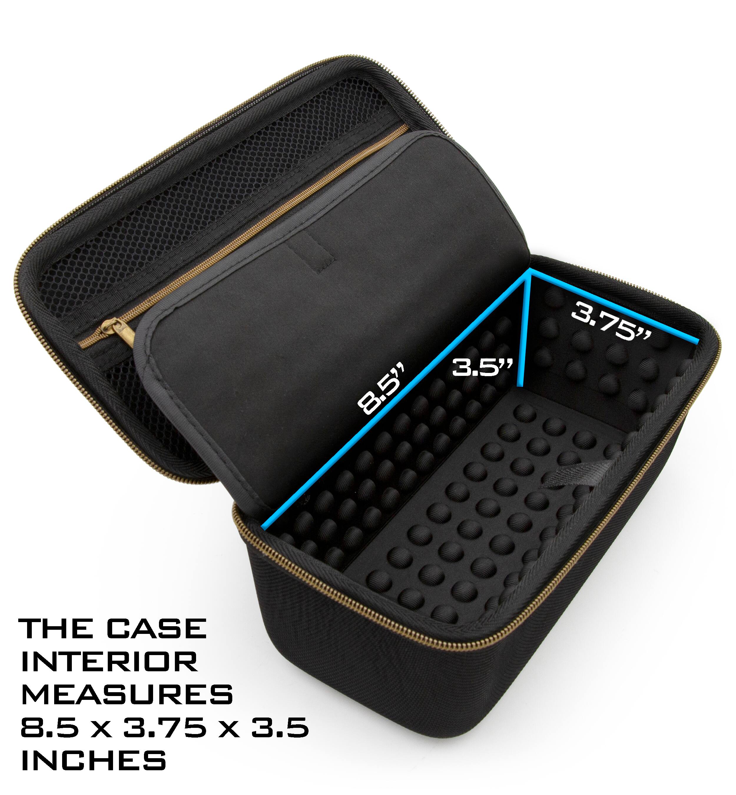 The case interior measures 8.5 x 3.75 x 3.5 inches.