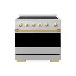 ZLINE - Autograph 36 in. 5.2 cu. ft. Marino Freestanding Induction Range with 5 Burners in Satin Steel with Gold Accents - Satin Stainless Steel