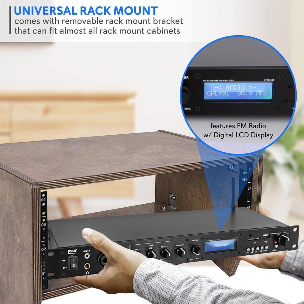 UNIVERSAL RACK MOUNT  
comes with removable rack mount bracket that can fit almost all rack mount cabinets

ER PROFESSIONAL PRE P7E8T RADIO  
CHL:01 88.0 MHZ  
features FM Radio w/ Digital LCD Display

PYLE  
INPUT 1  
ON/OFF
