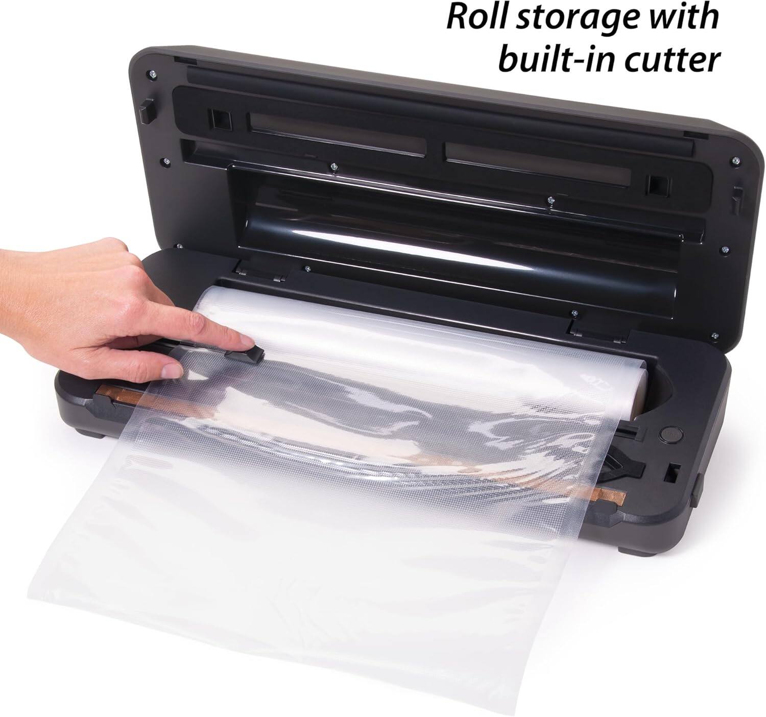 Roll storage with built-in cutter