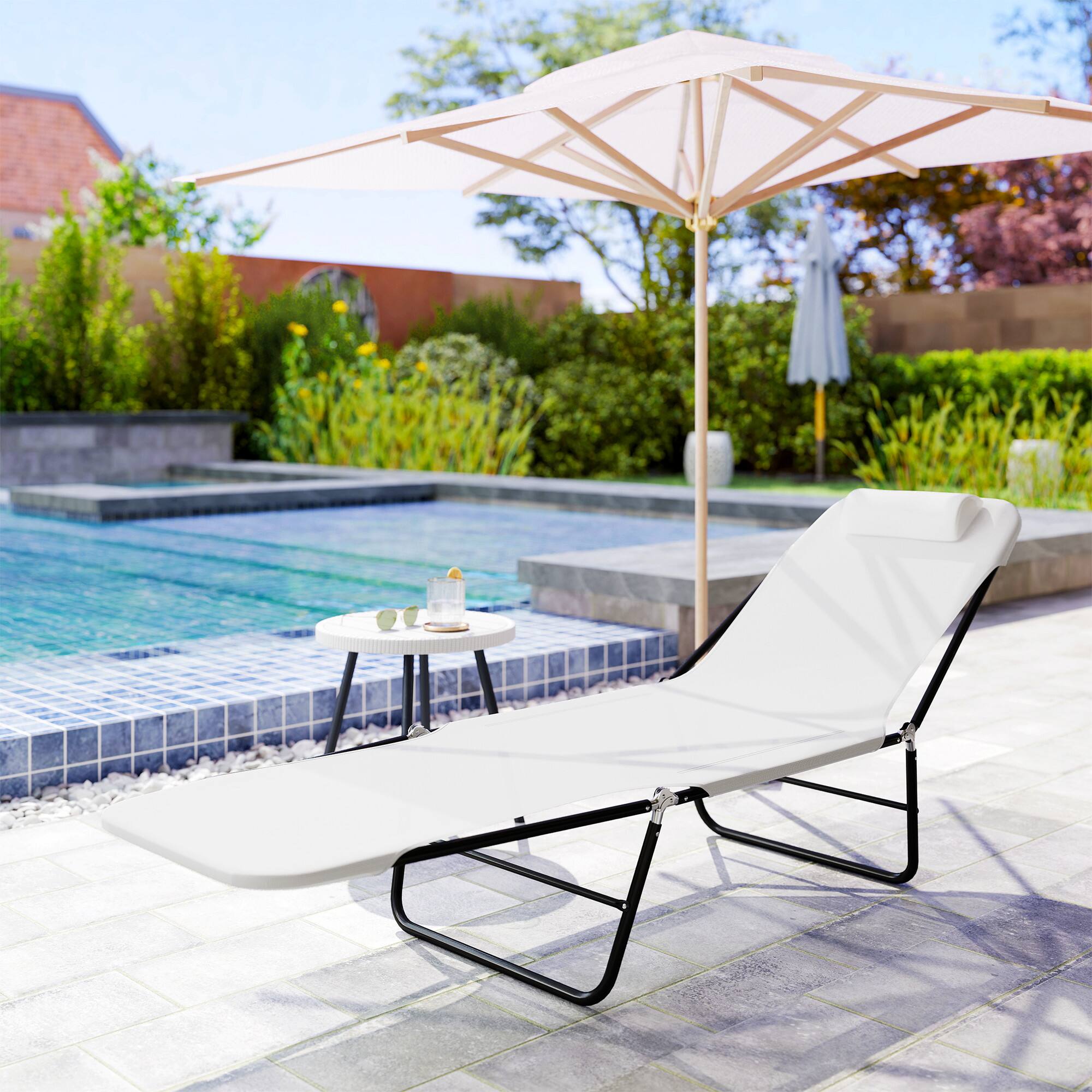 Alt View 7. Outsunny - Folding Chaise Lounge Chair, Pool Sun Tanning Chair, Outdoor Lounge Chair with Reclining Back, Breathable Mesh Seat - Cream White.