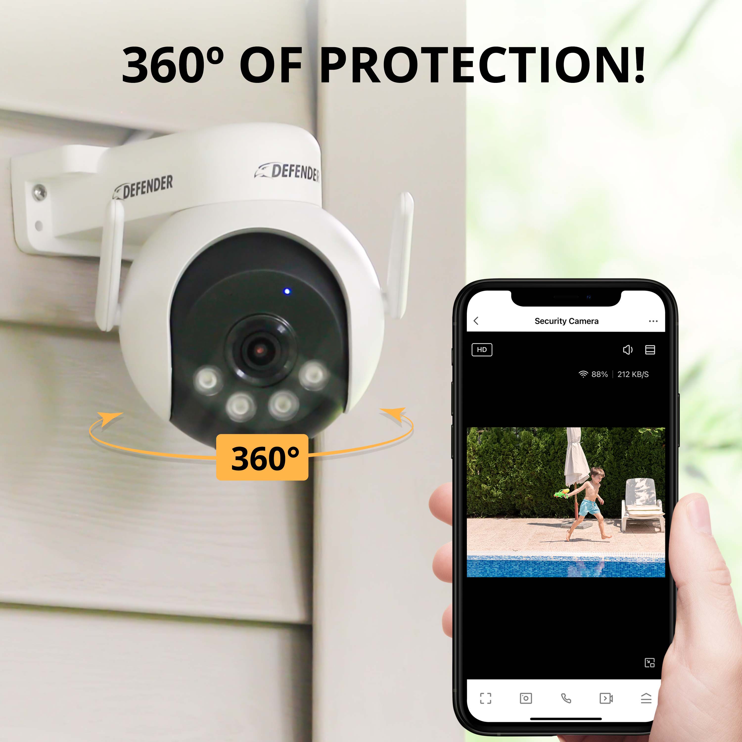 360° of Protection! Defender Security Camera: HD, 88% 212 KB/S, 360° Protection!