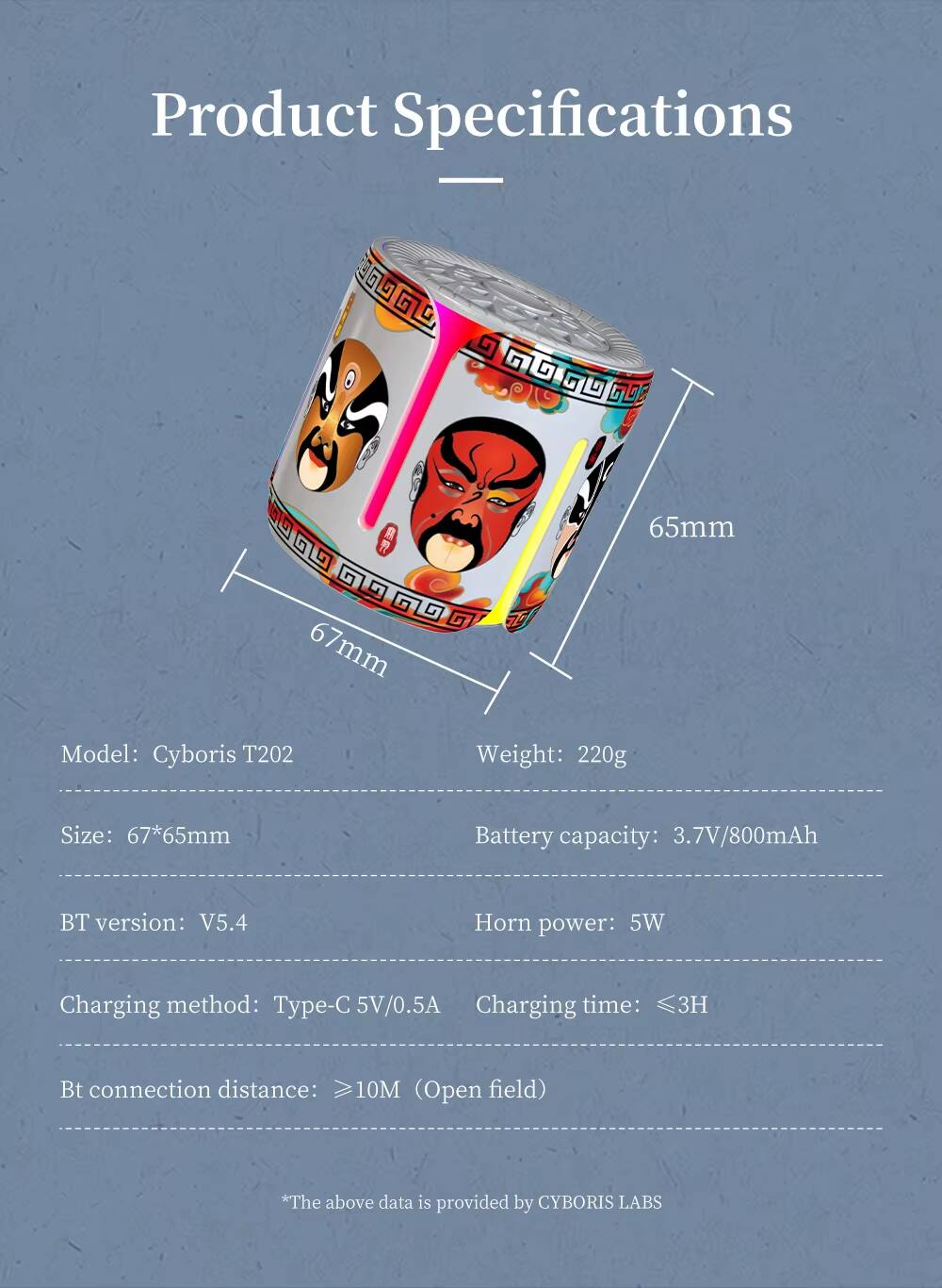 Product Specifications

Model: Cyboris T202  
Weight: 220g  
Size: 67*65mm  
Battery capacity: 3.7V/800mAh  
BT version: V5.4  
Horn power: 5W  
Charging method: Type-C 5V/0.5A  
Charging time: ≤3H  
Bt connection distance: ≥10M (Open field)  

*The above data is provided by CYBORIS LABS