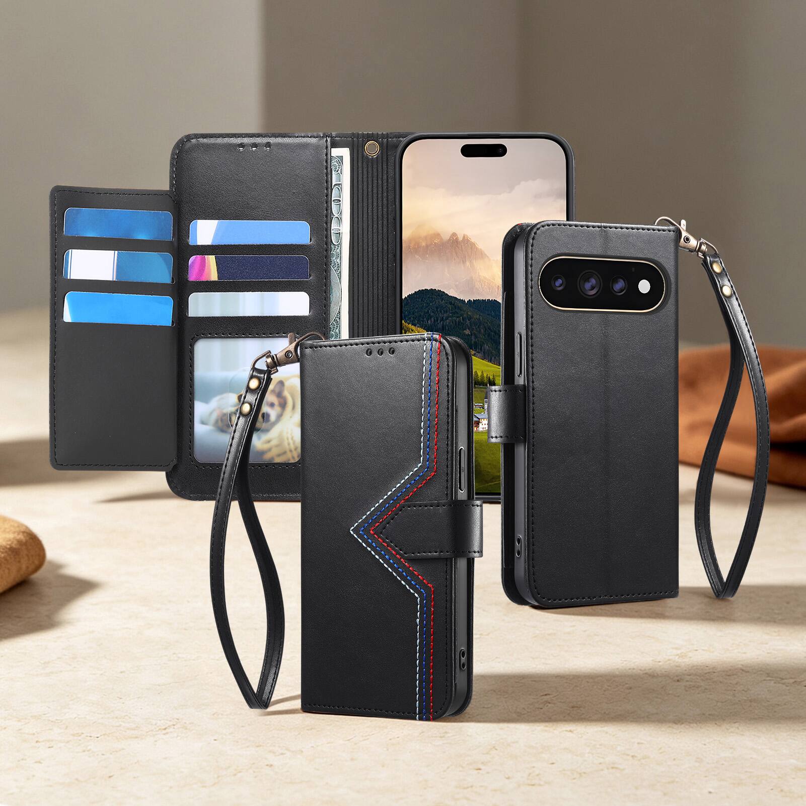 Back. Dteck - Wallet Phone Case for Google Pixel 11 Pro XL with Wrist Strap, Slim Shockproof Leather Kickstand Folio Protective Cover - Black.