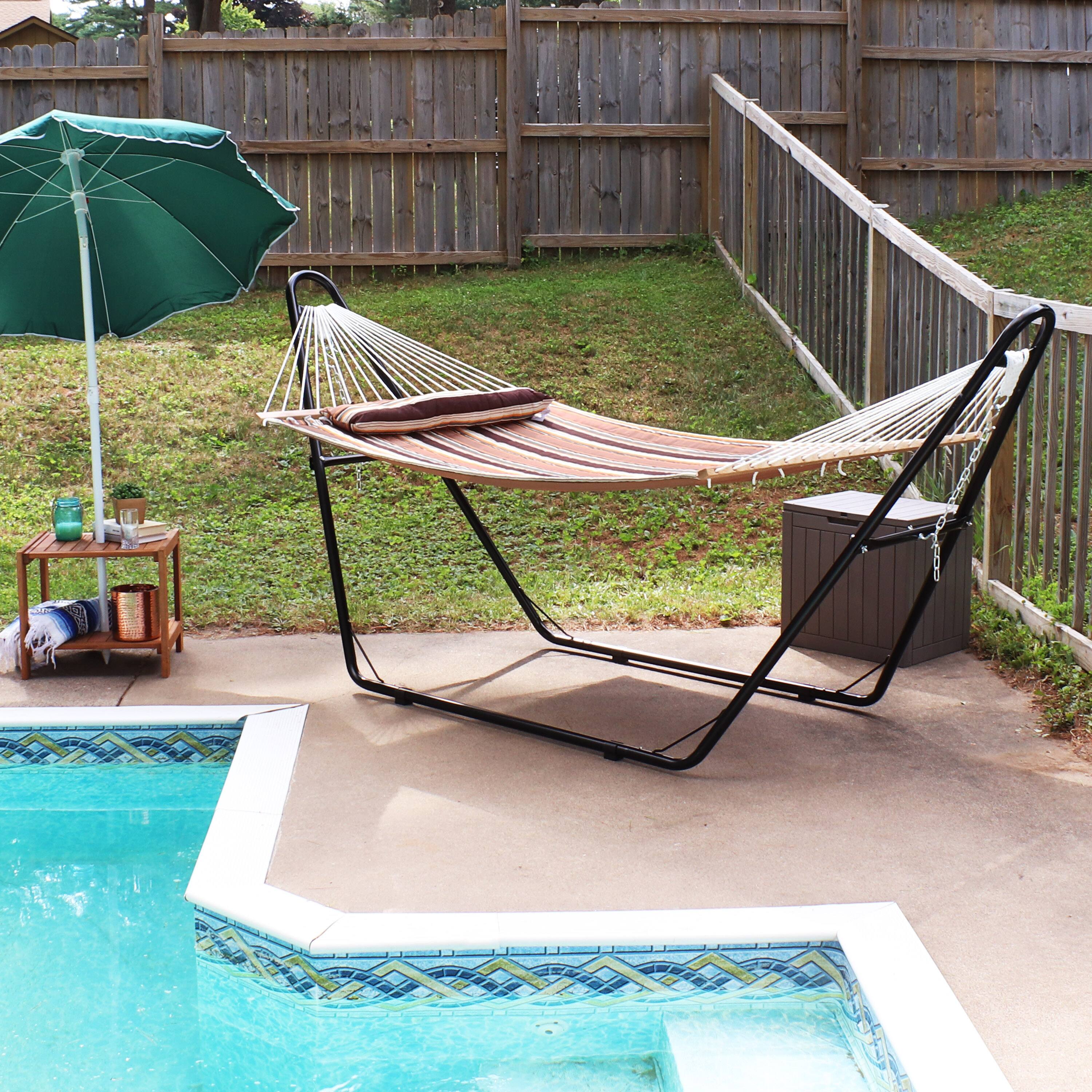 Alt View 7. Sunnydaze - 2-Person Quilted Hammock with Universal Steel Stand - Sandy Beach.