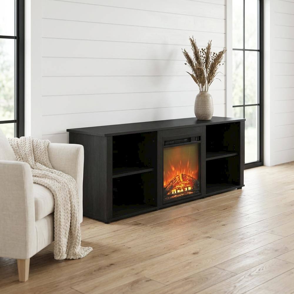 Alt View 1. FurniFact - Wood TV Stand with Fireplace, Americano Finish, 70-Inch Wide - Black.