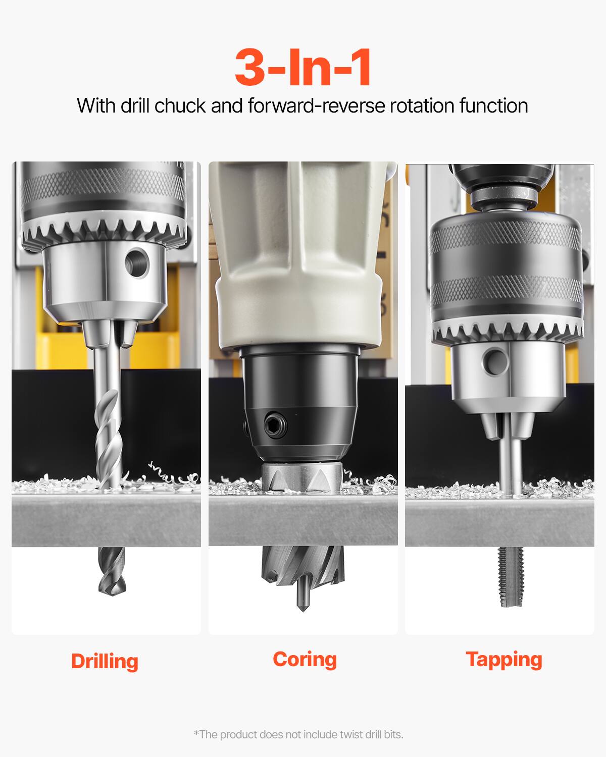 3-In-1 With drill chuck and forward-reverse rotation function

Drilling  
Coring  
Tapping  

*The product does not include twist drill bits.
