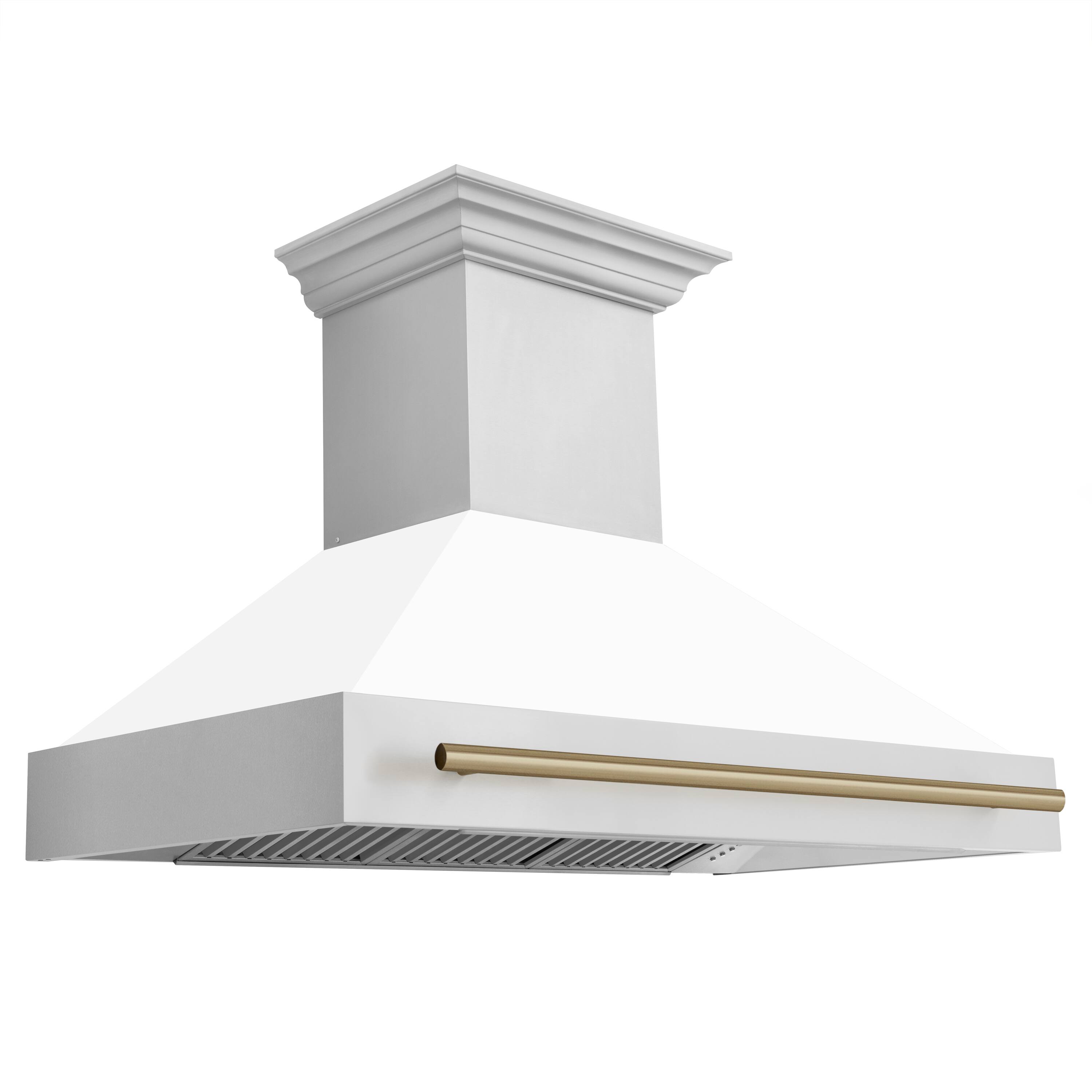 Left. ZLINE - ZLINE Autograph Edition 48 in. Stainless Steel Range Hood with White Matte Shell and Champagne Bronze Handle - Stainless Steel.