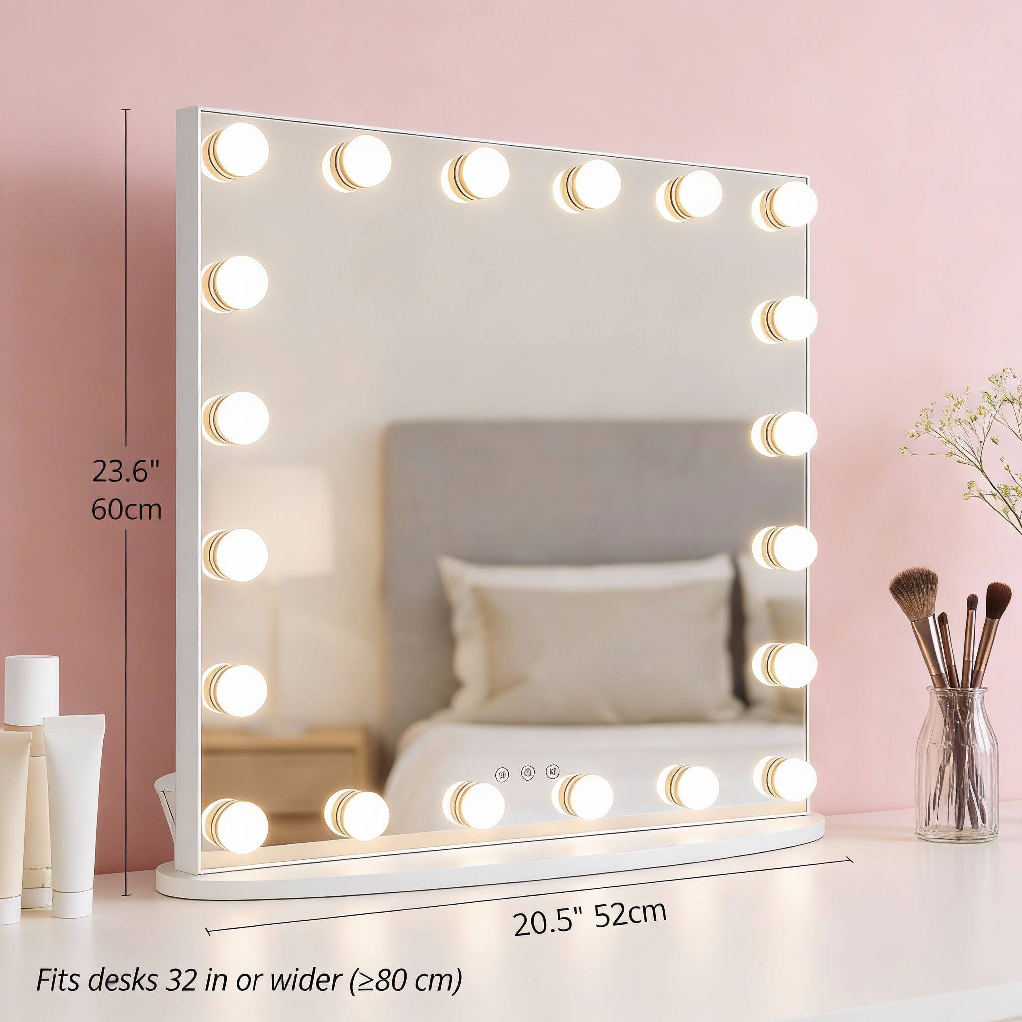 23.6" 60cm  
Fits desks 32 in or wider (>80 cm)  
20.5" 52cm