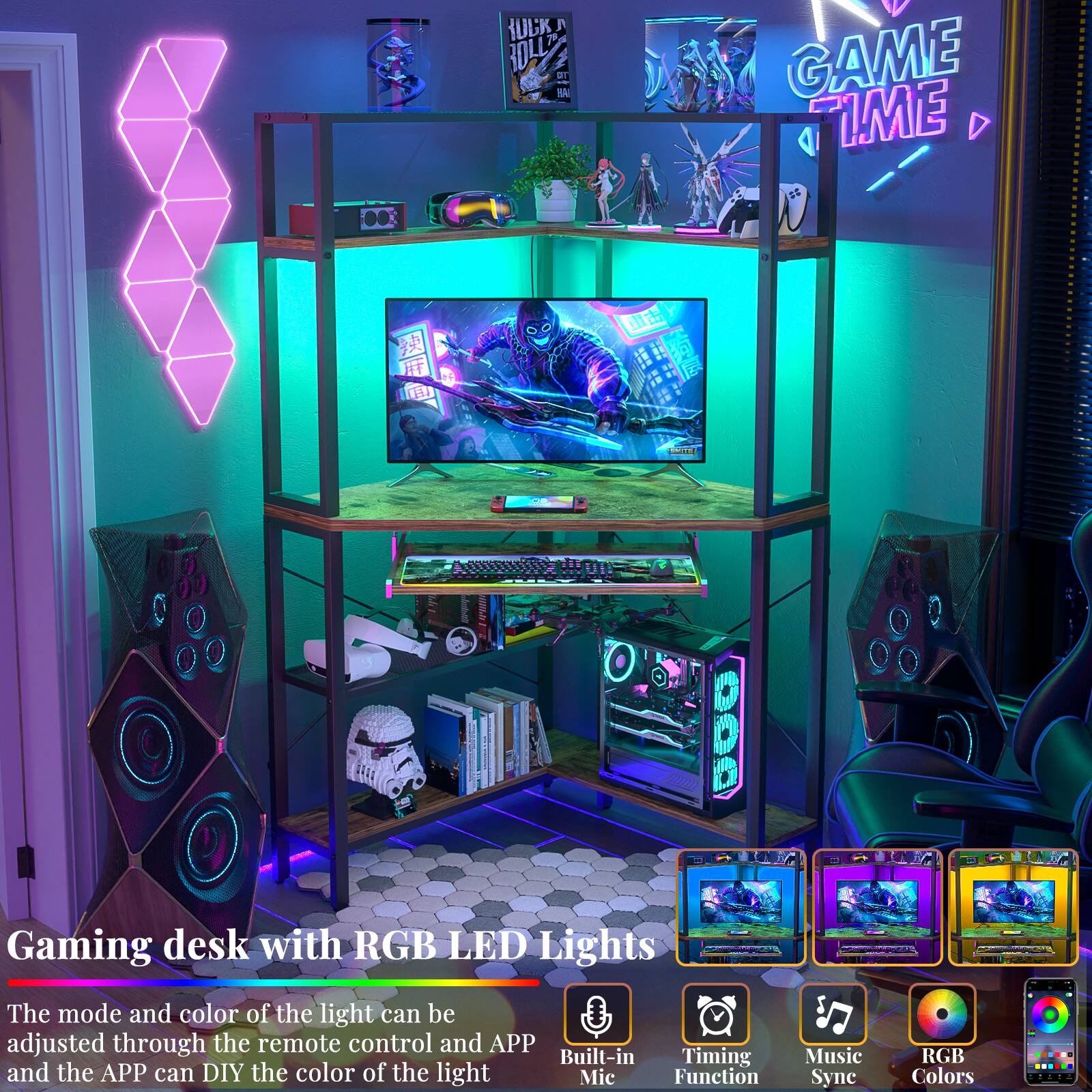 Gaming desk with RGB LED Lights

The mode and color of the light can be adjusted through the remote control and APP and the APP can DIY the color of the light

- Built-in Mic Function
- Timing
- Music Syne
- RGB Colors