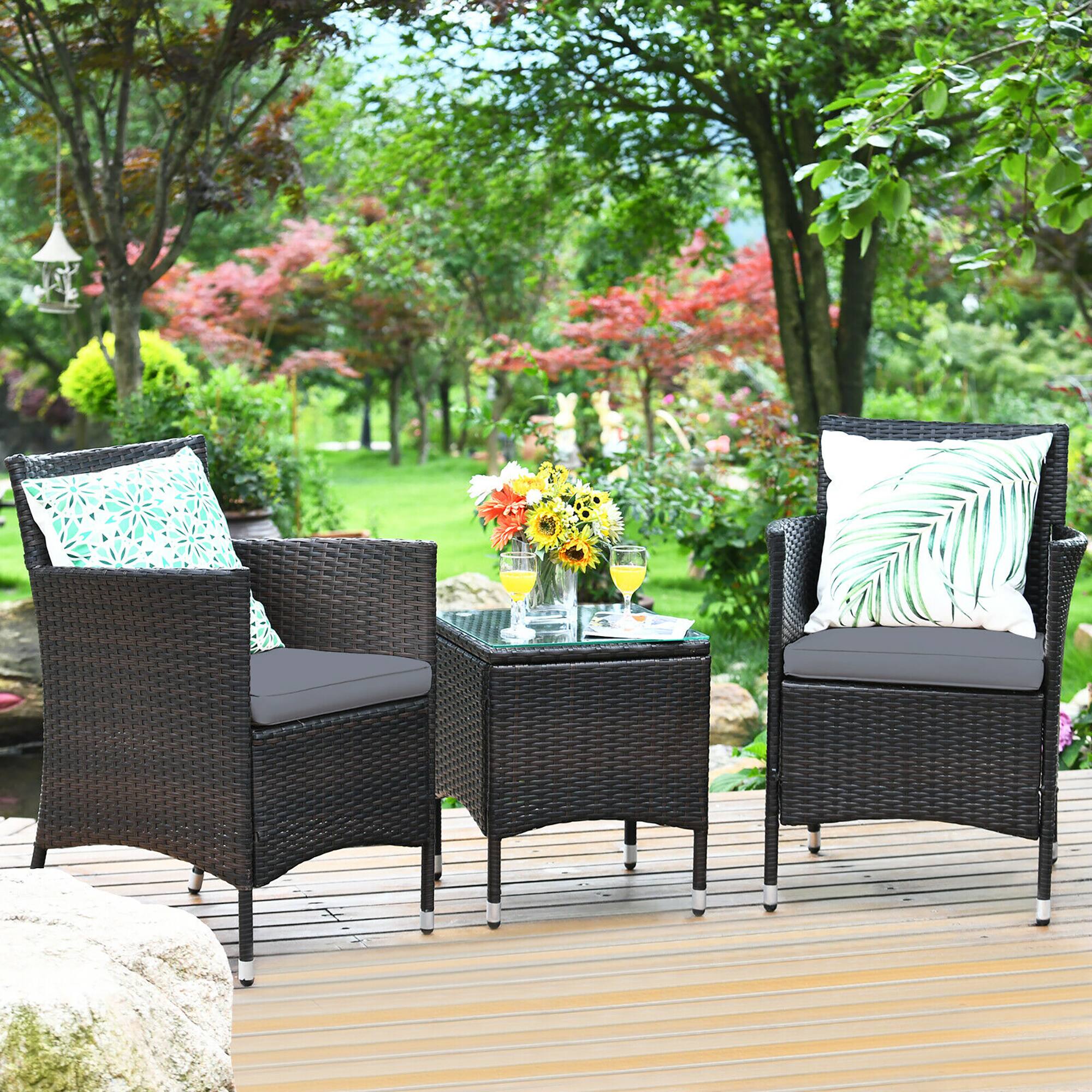 Alt View 3. Costway - Outdoor 3 PCS PE Rattan Wicker Furniture Sets Chairs  Coffee Table Garden - Gray.