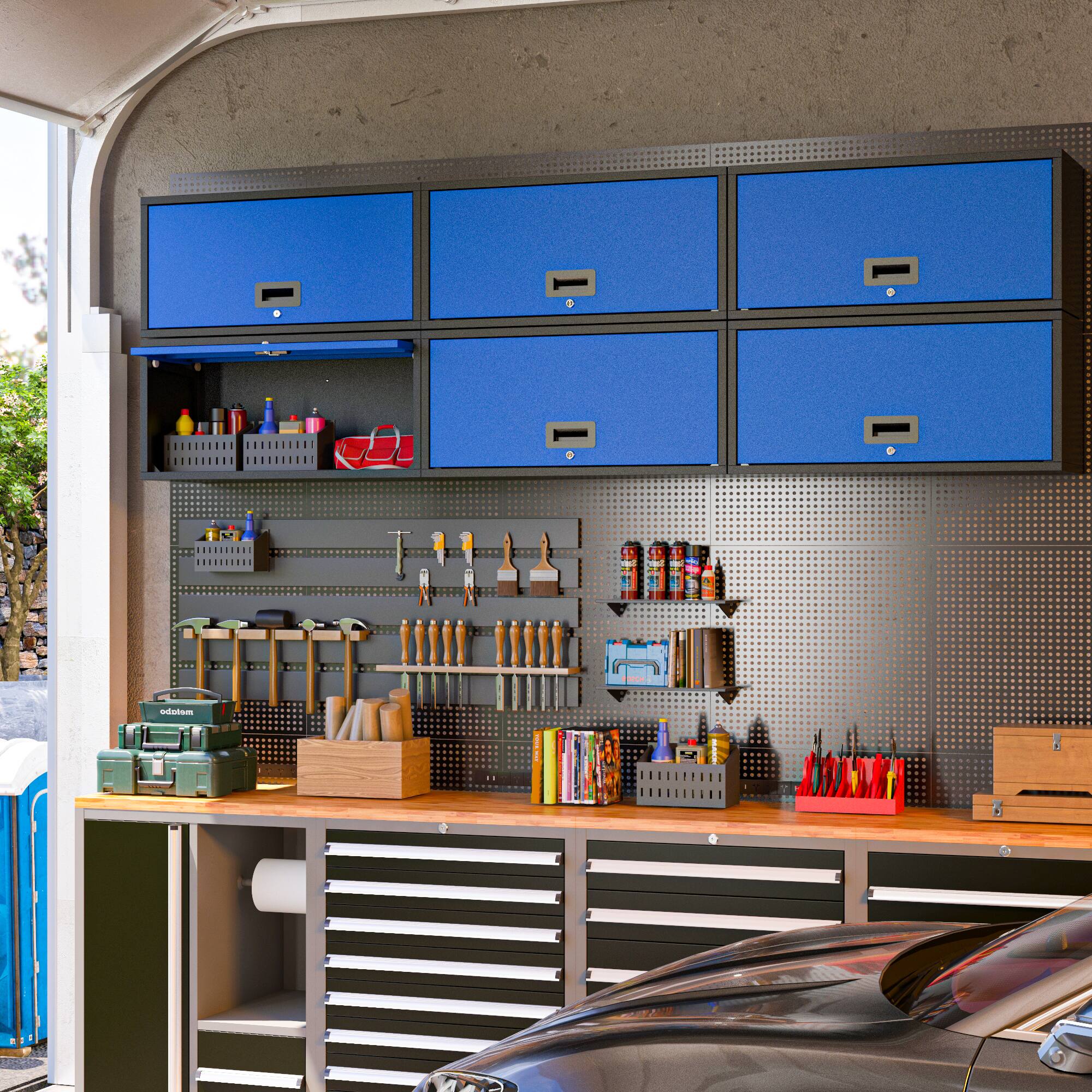 Alt View 8. TinyHomie - Set of 2 Wall-mounted Metal Garage Cabinet with Doors, Floating Tool Cabinet for Kitchen, Basement, Warehouse in Blue - Blue+Black.