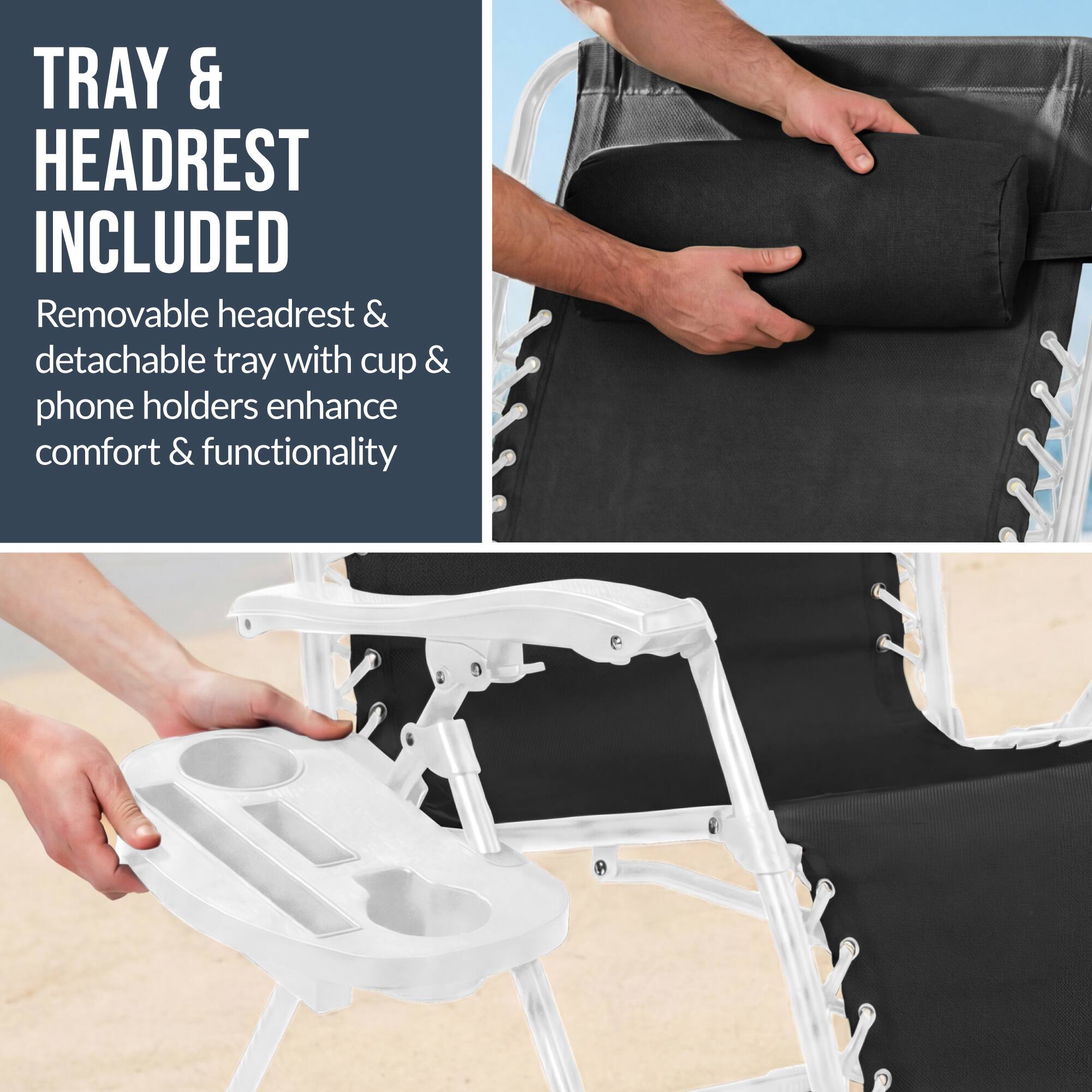 TRAY & HEADREST INCLUDED

Removable headrest & detachable tray with cup & phone holders enhance comfort & functionality