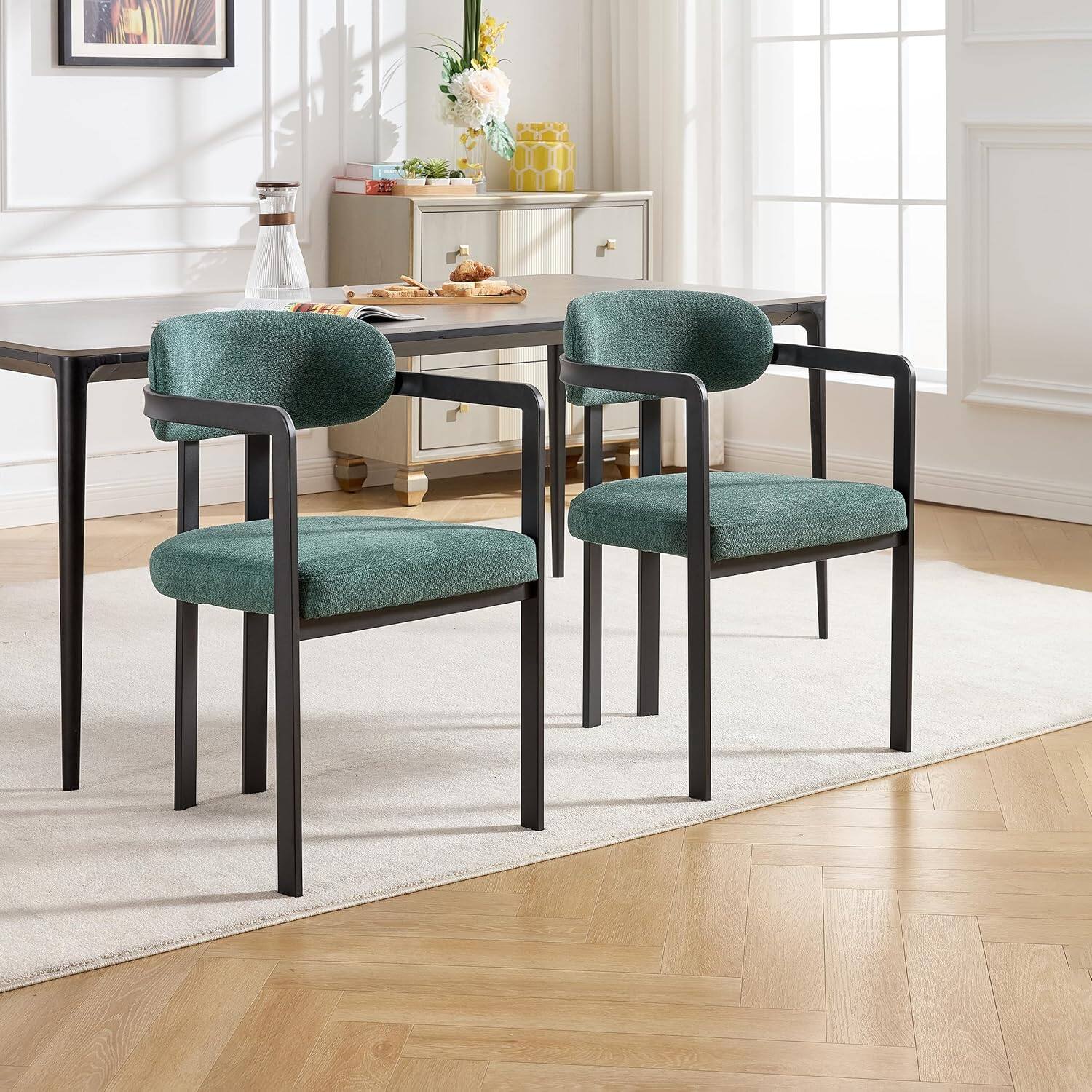 Alt View 4. Trinkets Crazed - Modern Dining Room Chairs Set of 2, Mid-Century Upholstered Boucle Kitchen Dining Chairs - green.