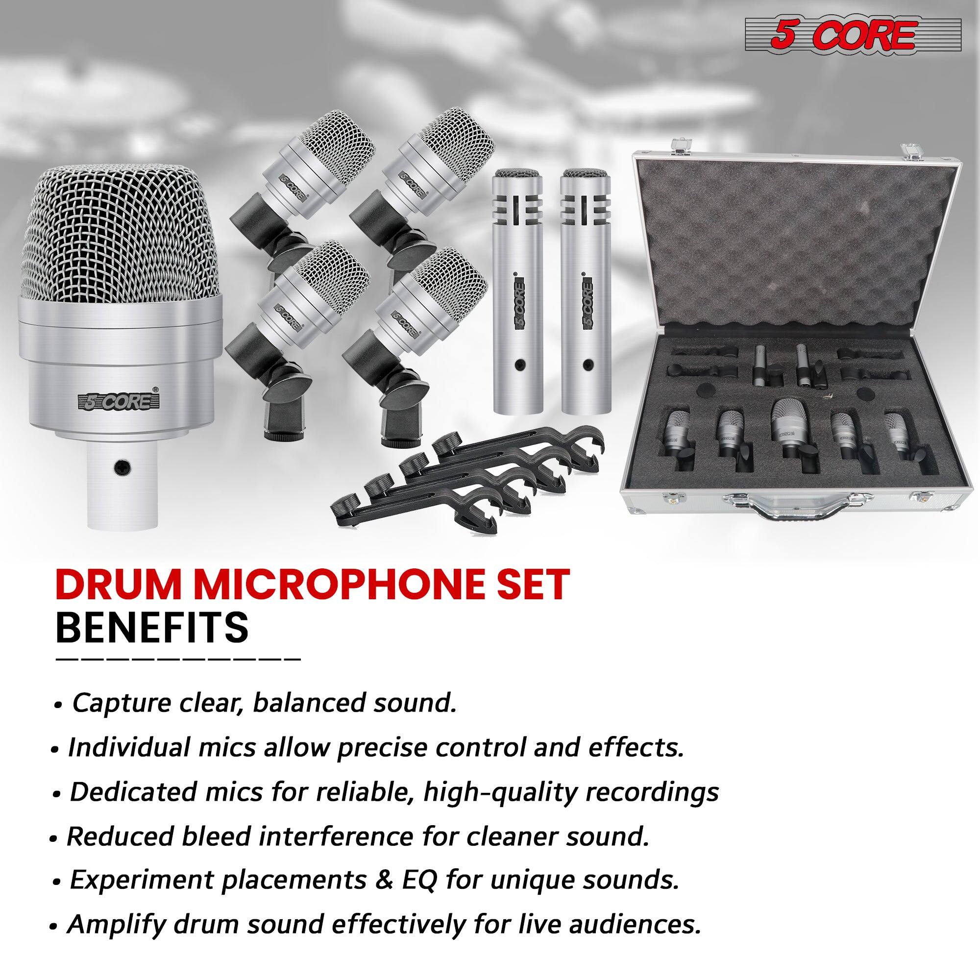 5 CORE

DRUM MICROPHONE SET

BENEFITS

- Capture clear, balanced sound.
- Individual mics allow precise control and effects.
- Dedicated mics for reliable, high-quality recordings.
- Reduced bleed interference for cleaner sound.
- Experiment placements & EQ for unique sounds.
- Amplify drum sound effectively for live audiences.