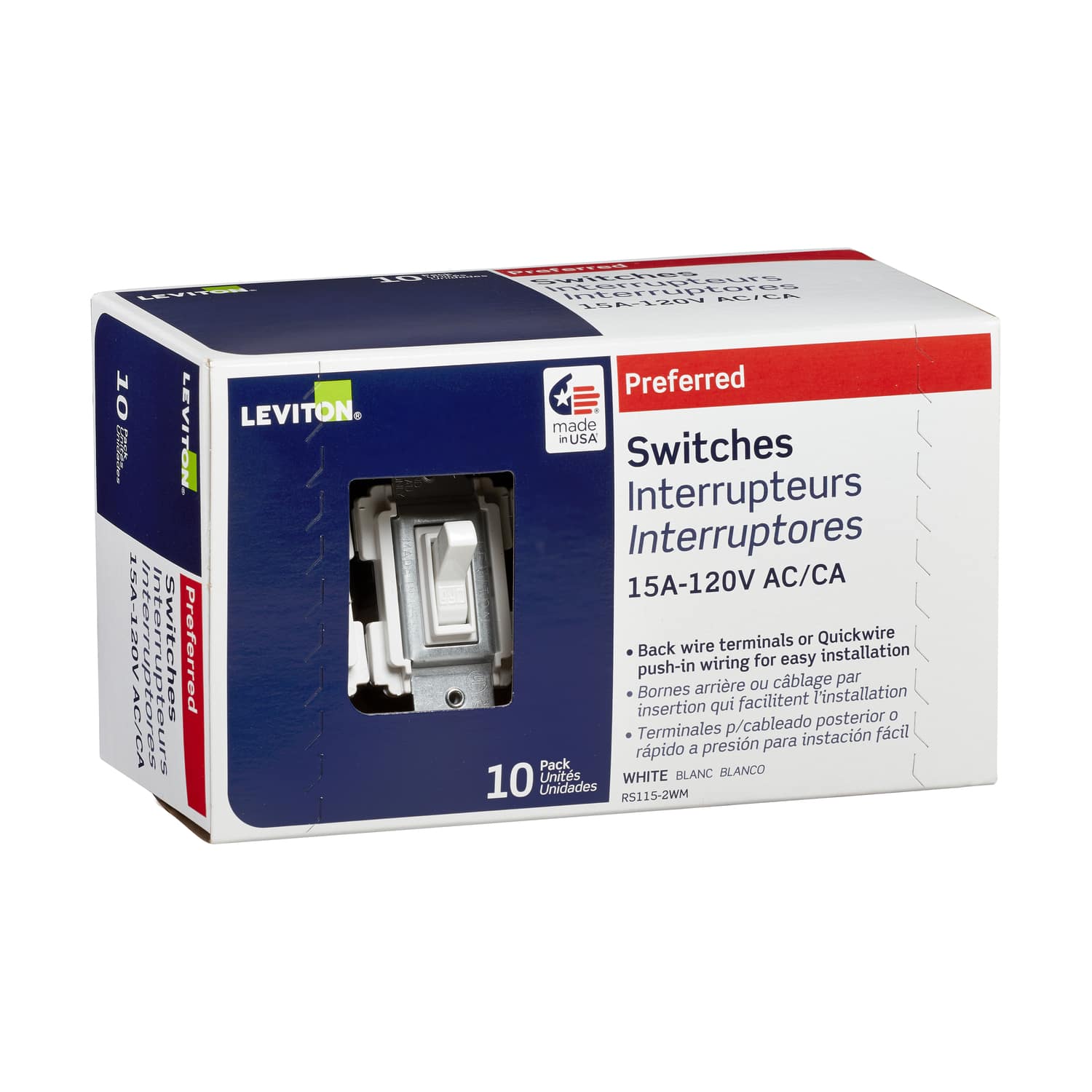 Leviton - 15 amps Toggle AC Quiet Switch 10 pk - White