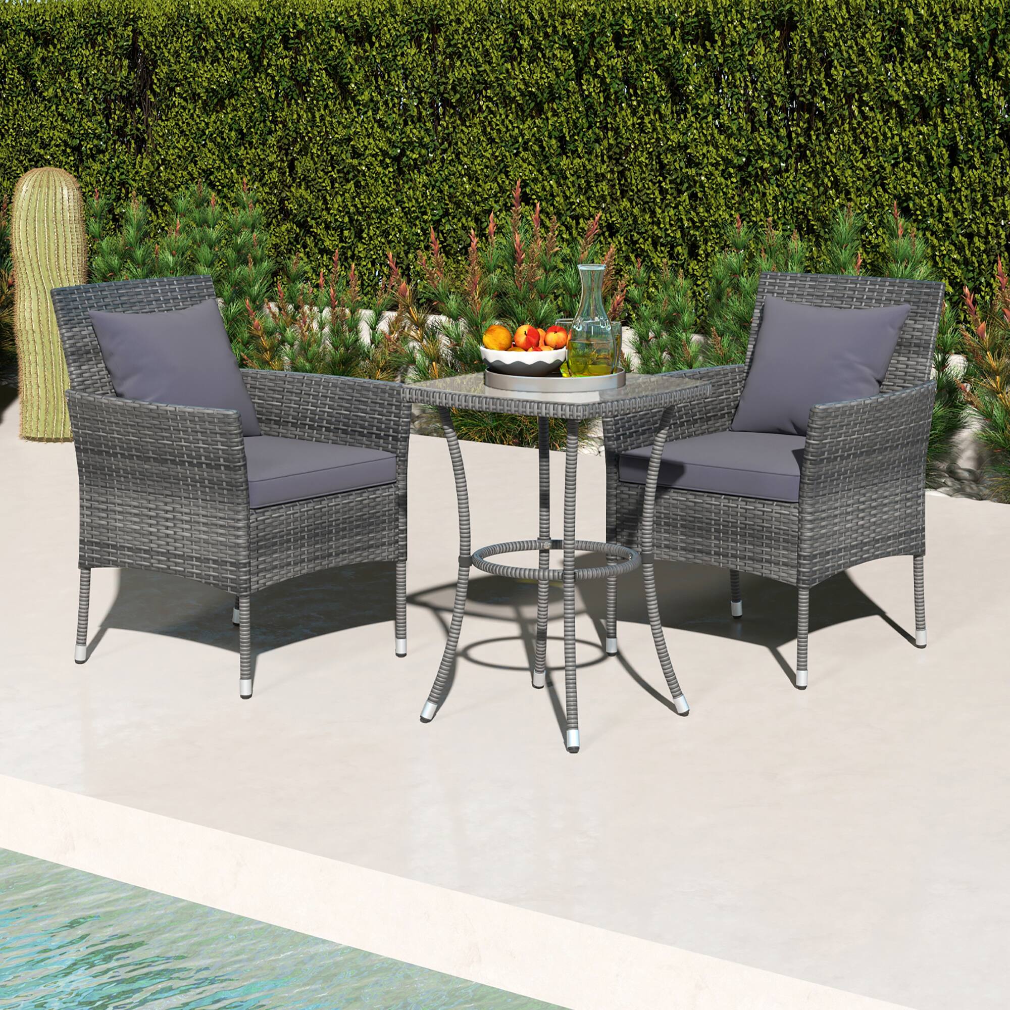 Alt View 9. Gymax - Gymax 3-Piece Patio Furniture Set PE Wicker Conversation Bistro Set w/ A Tempered Glass Table Mix Gray - Mix Gray.