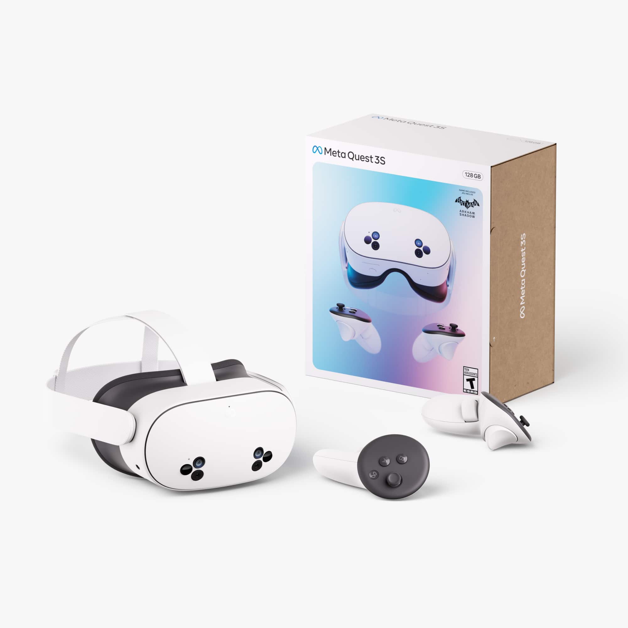 The Meta Quest 3S is a virtual reality headset with a 128 GB storage capacity. It comes with a controller and is compatible with the Nintendo Switch. The headset is designed for an immersive gaming experience.