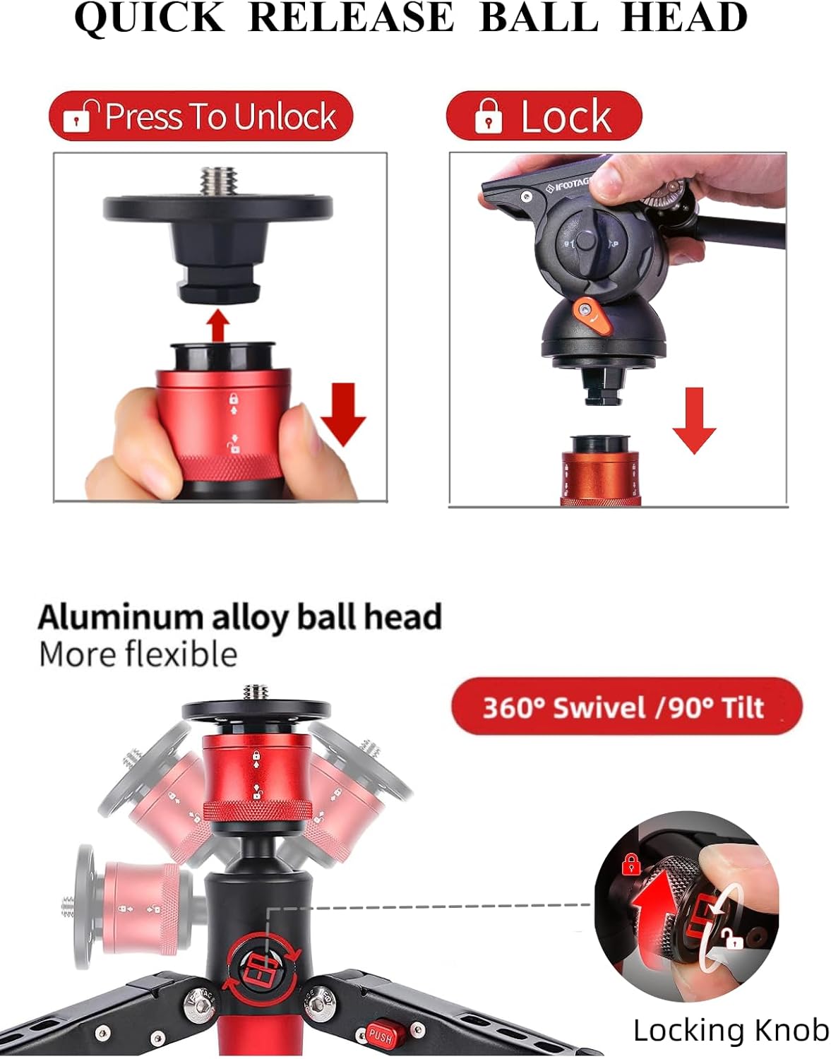 QUICK RELEASE BALL HEAD

Press To Unlock

Lock

Aluminum alloy ball head
More flexible

360° Swivel / 90° Tilt

Locking Knob