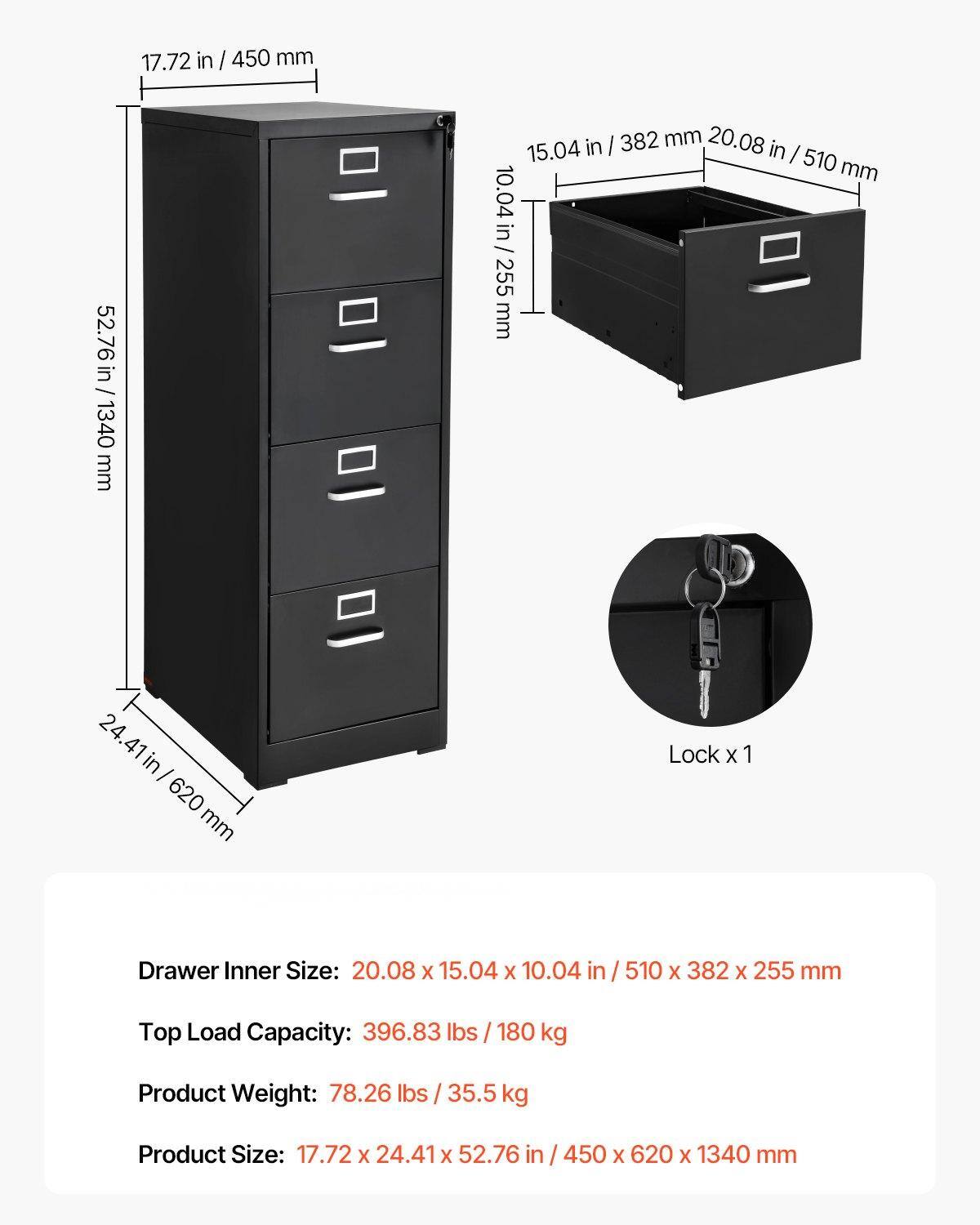 - Drawer Inner Size: 20.08 x 15.04 x 10.04 in / 510 x 382 x 255 mm
- Top Load Capacity: 396.83 lbs / 180 kg
- Product Weight: 78.26 lbs / 35.5 kg
- Product Size: 17.72 x 24.41 x 52.76 in / 450 x 620 x 1340 mm

Lock x 1
