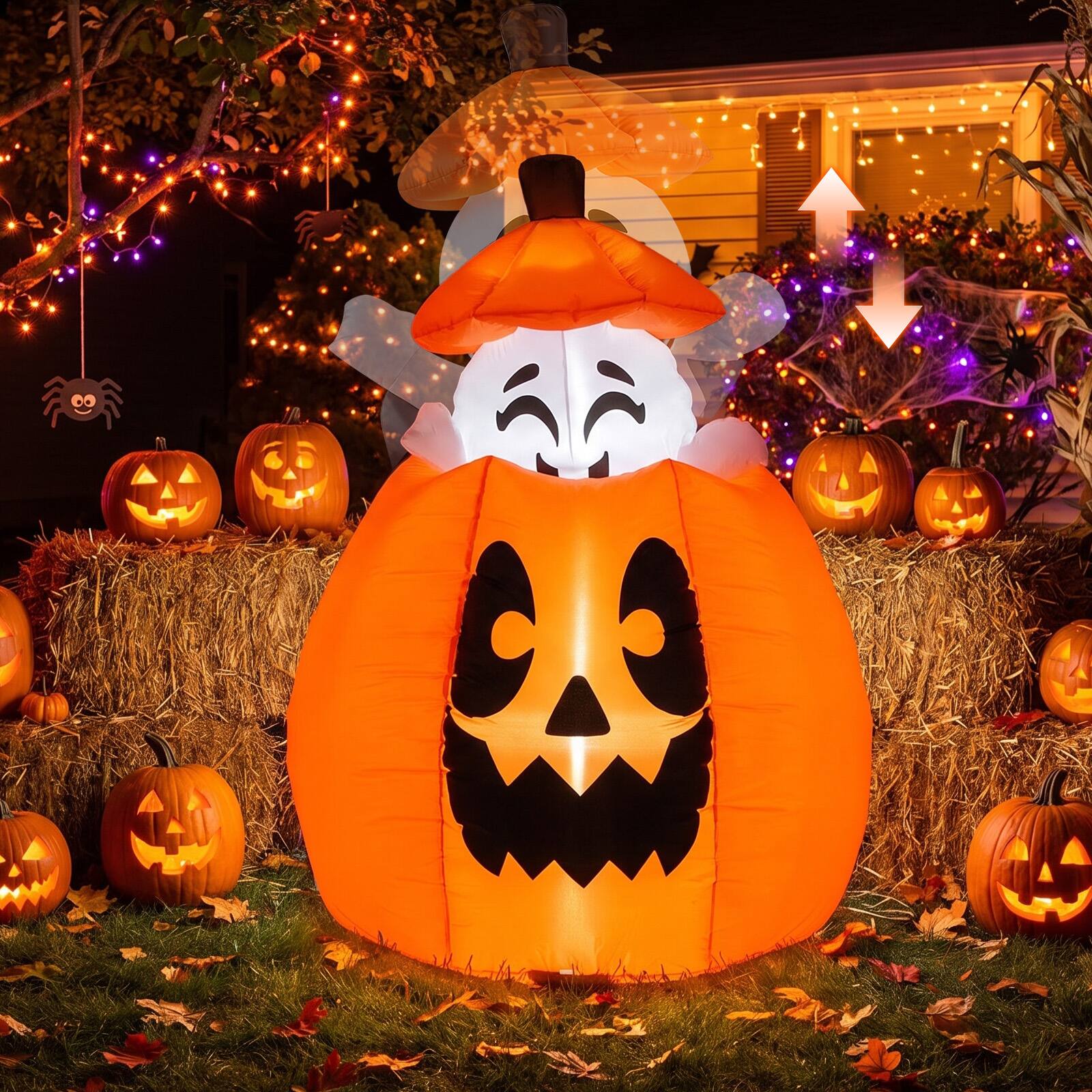 Alt View 4. Costway - Costway 5 FT Animated Halloween Inflatable Pumpkin & Rising Ghost with Built-in LED Lights - Orange + White.