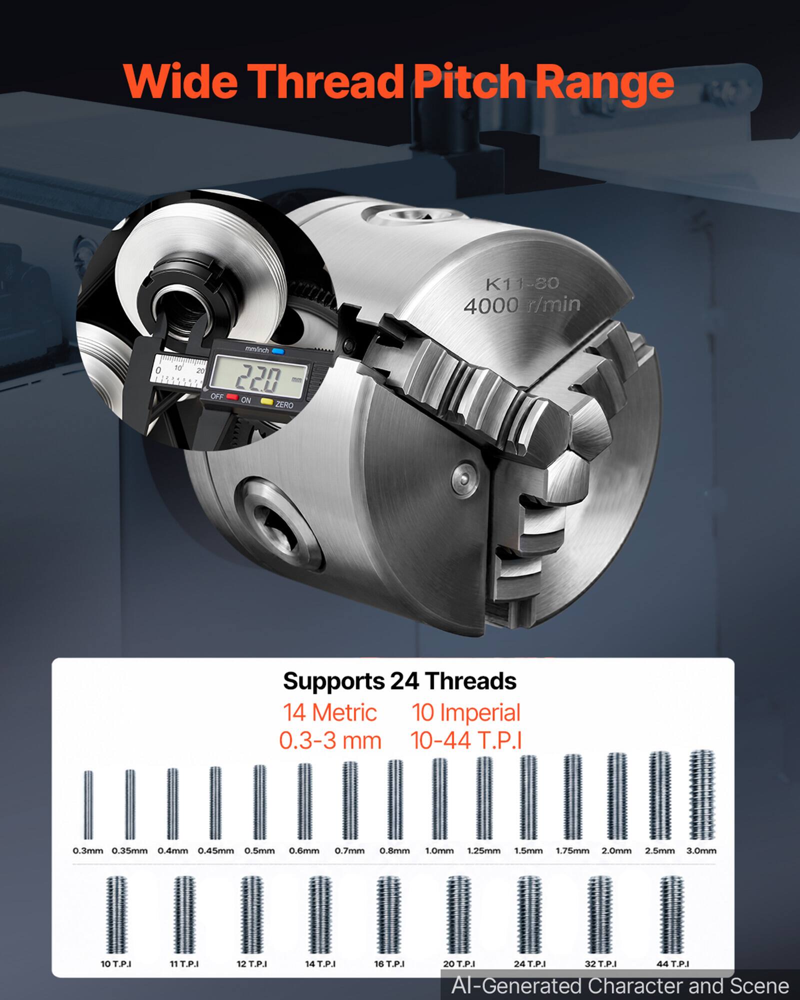 Wide Thread Pitch Range  
K11-30 4000 r/min  
0 10 mm/inch 20 220 OFF ON ZERO  
Supports 24 Threads 14 Metric 10 Imperial 0.3-3 mm 10-44 T.P.I  
0.3mm 0.35mm 0.4mm 0.45mm 0.5mm 0.6mm 0.7mm 0.8mm 1.0mm 1.25mm 1.5mm 1.75mm 2.0mm 2.5mm 3.0mm  
10 T.P.I  
11 T.P.I  
12 T.P.I  
14 T.P.I  
16 T.P.I 20 T.P.I 24 T.P.I 32 T.P.I T.P.I  
AI-Generated Character and Scene