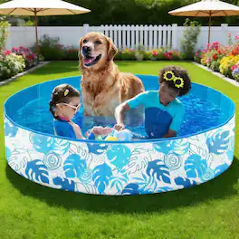 Joyfy - 48"x12" Foldable Dog Pet Pool, Portable Kids Doggie Pets Swimming Pool, Kiddie Bathing Tub for Indoor/Outdoor with Drain - Blue
