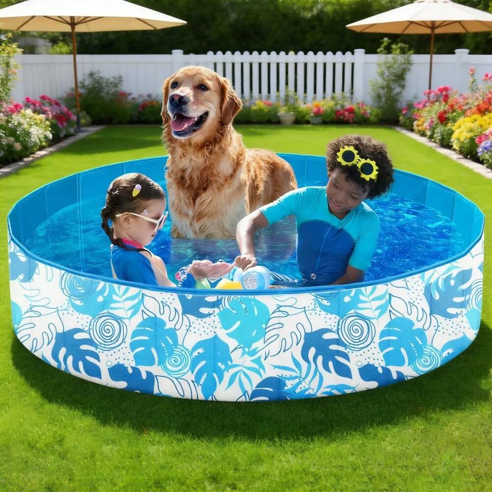 Front. Joyfy - 32"x12" Foldable Dog Pet Pool, Portable Kids Doggie Pets Swimming Pool, Kiddie Bathing Tub for Indoor/Outdoor with Drain - Blue.