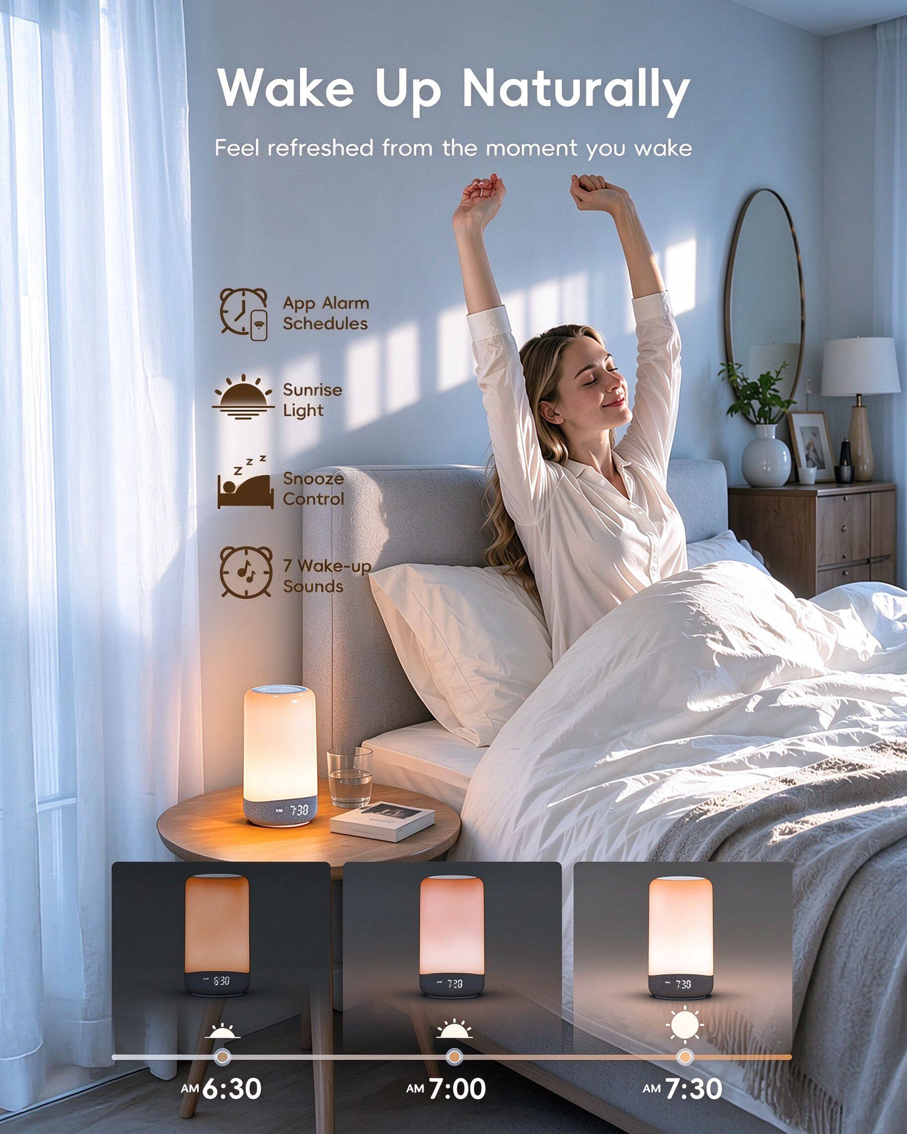 Wake Up Naturally  
Feel refreshed from the moment you wake

App Alarm Schedules  
Sunrise Light  
Snooze Control  
7 Wake-up Sounds

AM 6:30  
AM 7:00  
AM 7:30