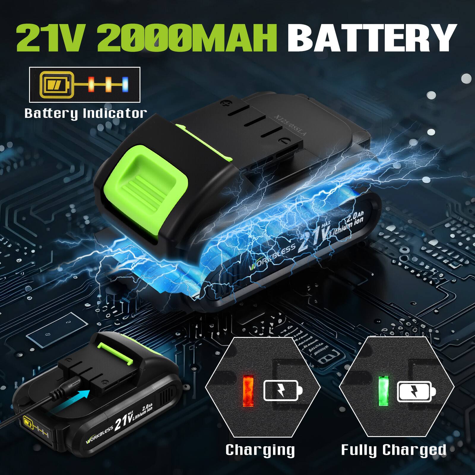 21V 2000MAH BATTERY  
Battery Indicator  
XJ25 OSSLA  
Lithium Ion  
WORKBLESS  
Charging  
Fully Charged