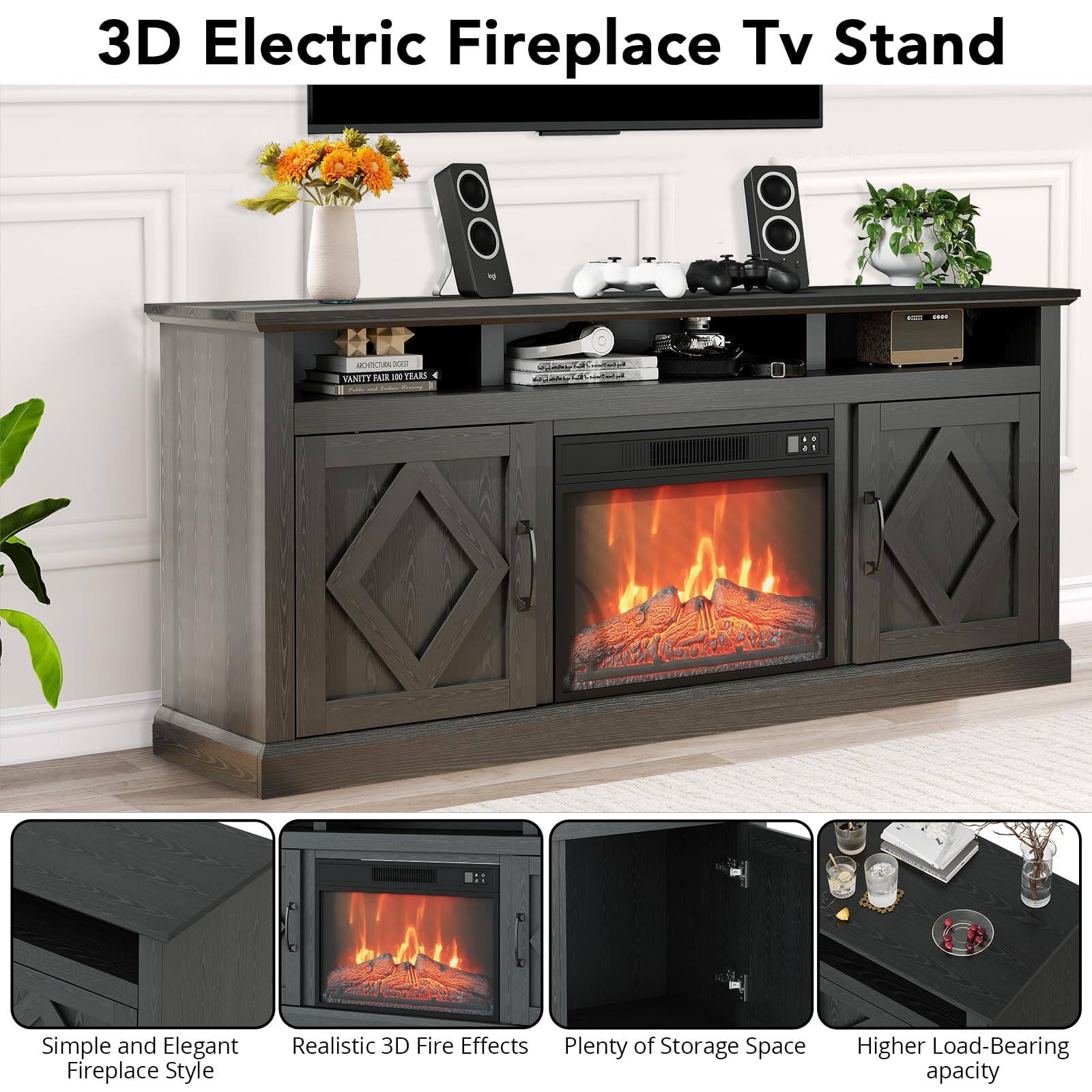 3D Electric Fireplace Tv Stand

- Simple and Elegant Fireplace Style
- Realistic 3D Fire Effects
- Plenty of Storage Space
- Higher Load-Bearing Capacity