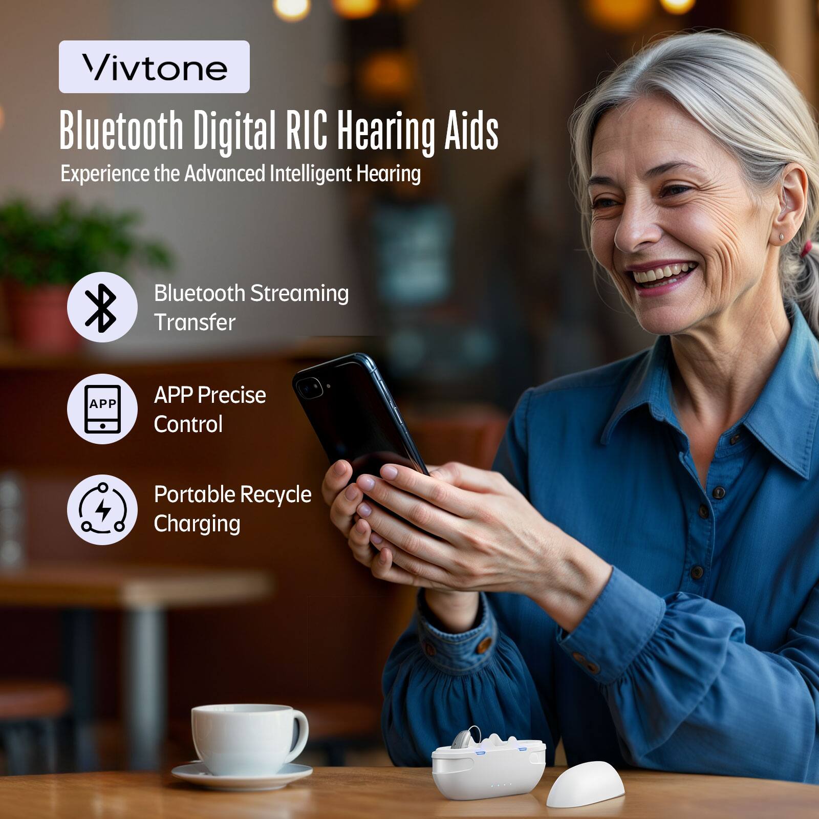 Vivtone Bluetooth Digital RIC Hearing Aids
Experience the Advanced Intelligent Hearing
Bluetooth Streaming Transfer
APP Precise Control
Portable Recycle Charging