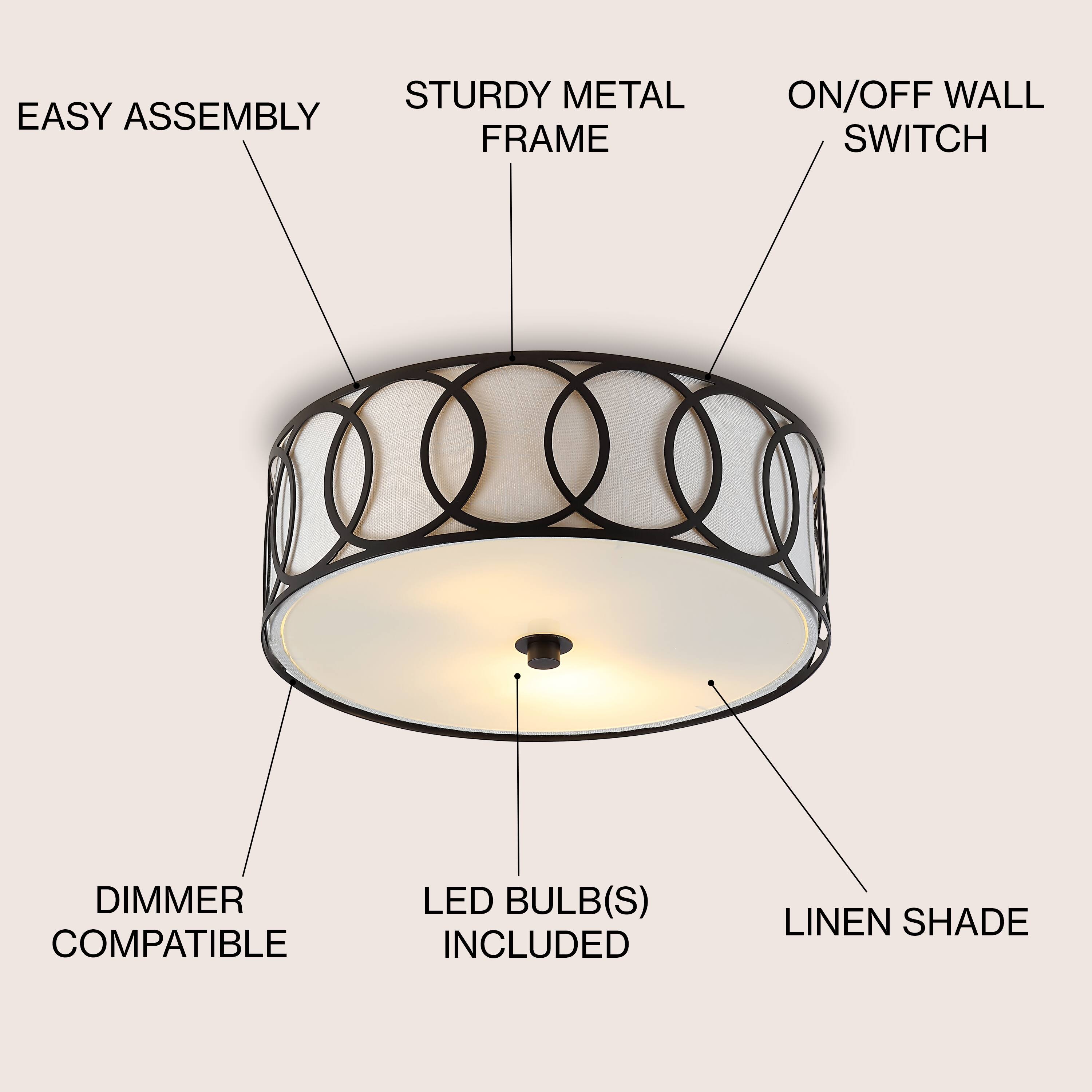 STURDY METAL EASY ASSEMBLY FRAME ON/OFF WALL SWITCH DIMMER COMPATIBLE LED BULB(S) INCLUDED LINEN SHADE