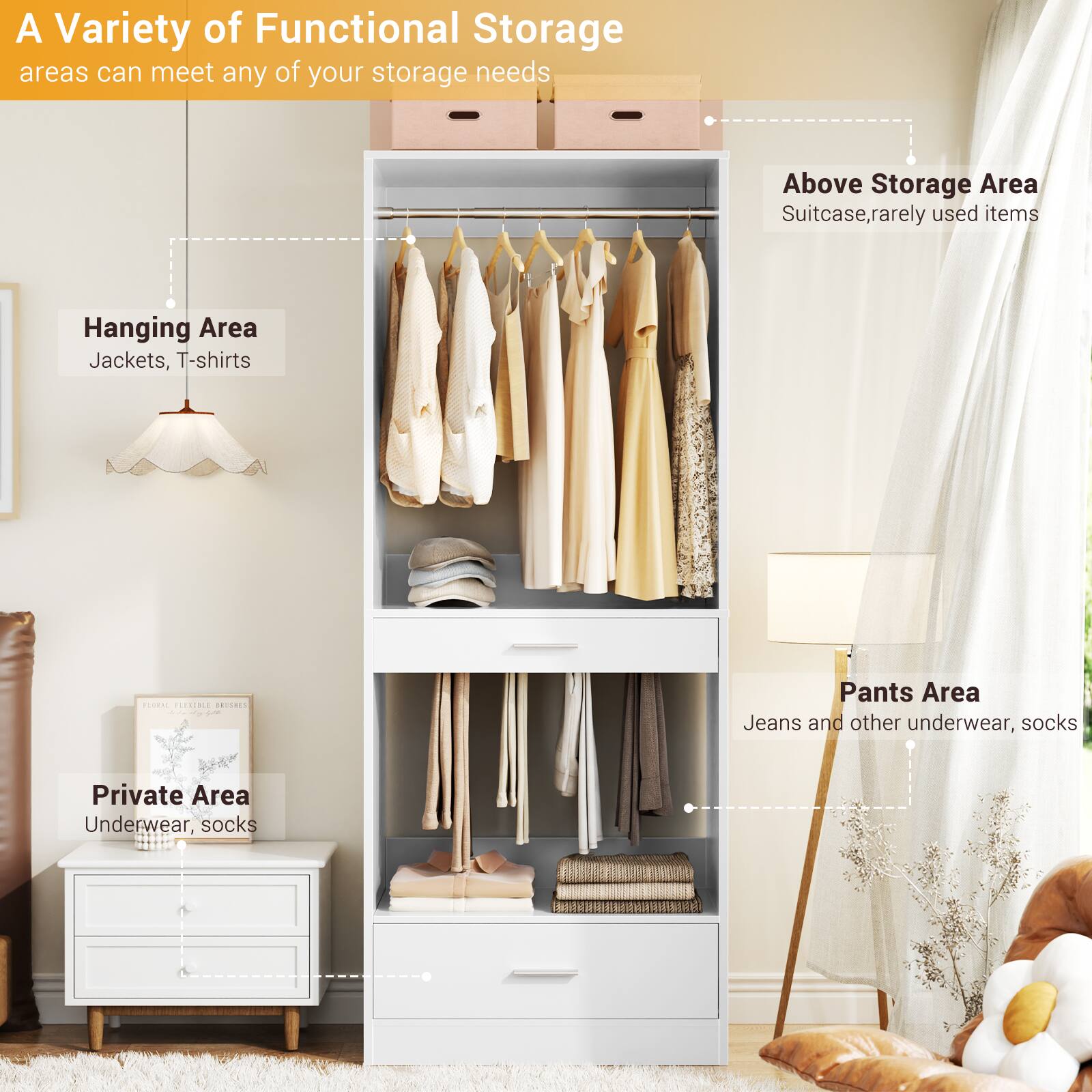 A Variety of Functional Storage areas can meet any of your storage needs

- Above Storage Area
  - Suitcase, rarely used items

- Hanging Area
  - Jackets, T-shirts

- Pants Area
  - Jeans and other underwear, socks

- Private Area
  - Underwear, socks