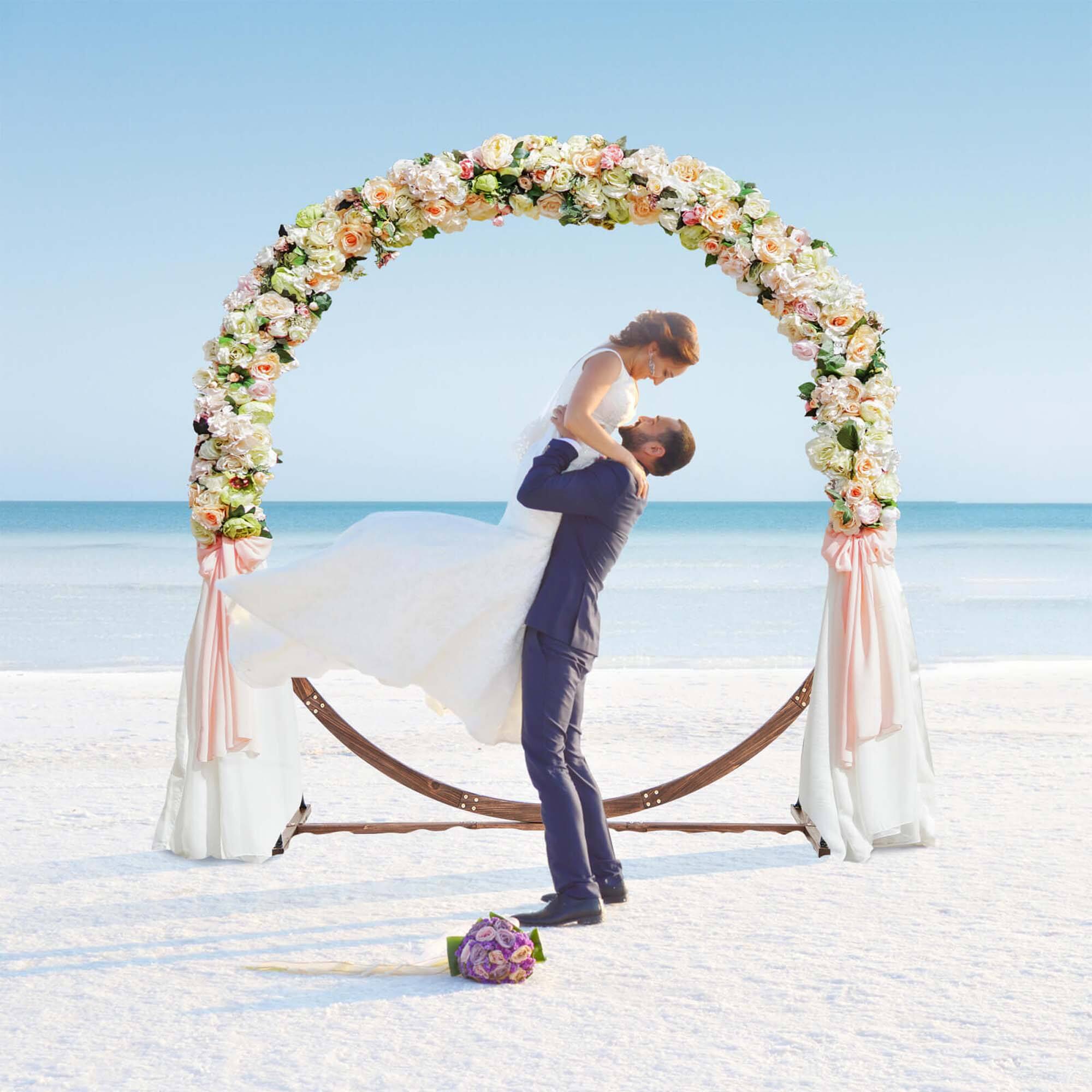Alt View 3. Costway - 7.4 FT Round Wedding Arch Wooden Arbor Backdrop Stand with Triangular-Shaped Base - Brown.