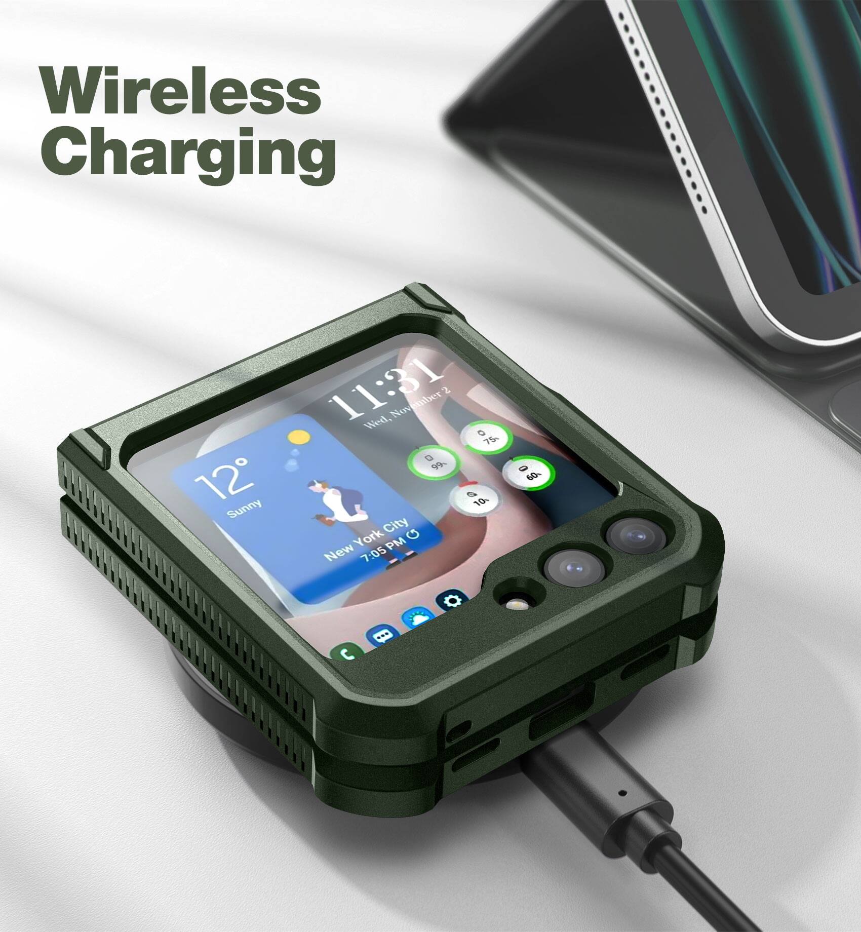 Wireless Charging

11:31  
Wed, November 2  
12° Sunny  
New York City  
7:05 PM  

75%  
96%