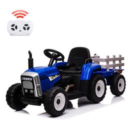 GARVEE - 12V Kids Ride On Tractor w/ Trailer, Remote Control, 35W Dual Motors, LED Lights, MP3/USB, EVA Wheels, 3-Speed - Blue - 35W/EVA Tire