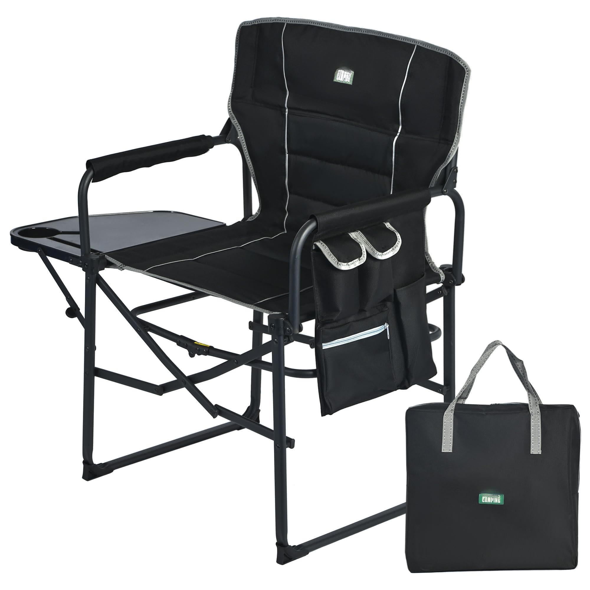 JETRANSPORT - Oversized Camping Directors Chair Portable Folding Lawn Chairs For Adults Heavy Duty With Side Table - Black Padded 1 PC