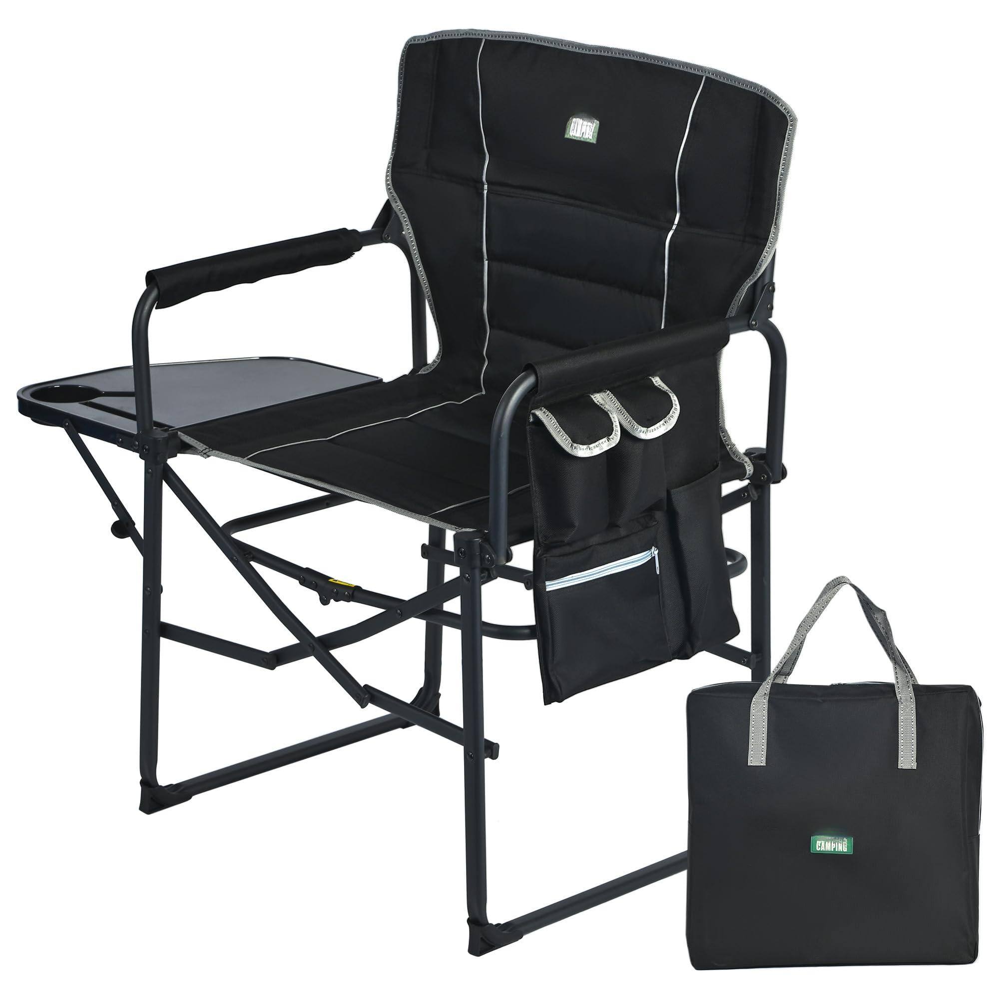 JETRANSPORT - Oversized Camping Directors Chair Portable Folding Lawn Chairs For Adults Heavy Duty With Side Table - Black Padded 1 PC