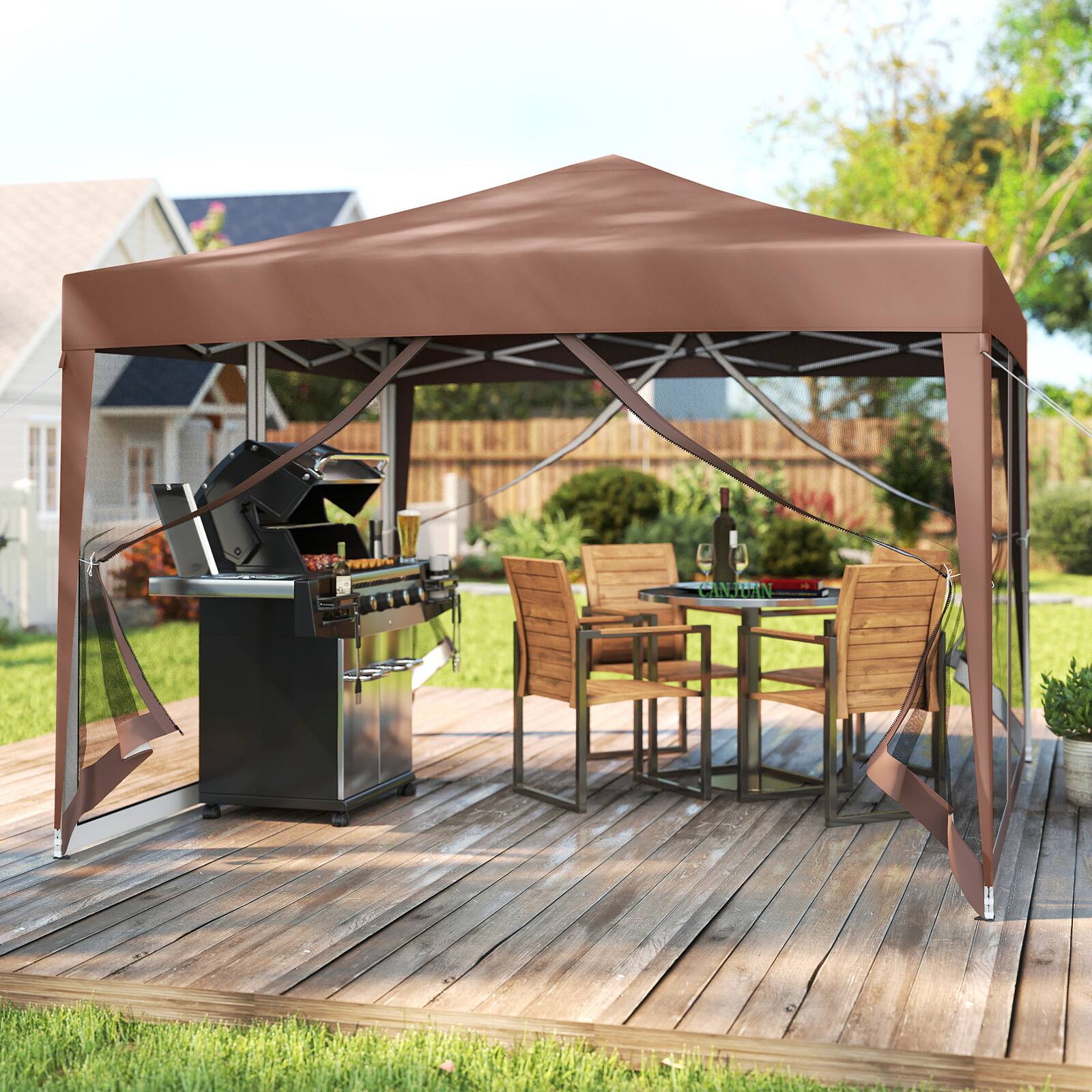 Alt View 3. Gymax - Gymax 10 FT x 10 FT Pop-Up Canopy Tent w/ Mesh Netting Carry Bag 8 Stakes & 4 Ropes Outdoor Rustic Brown - Coffee.