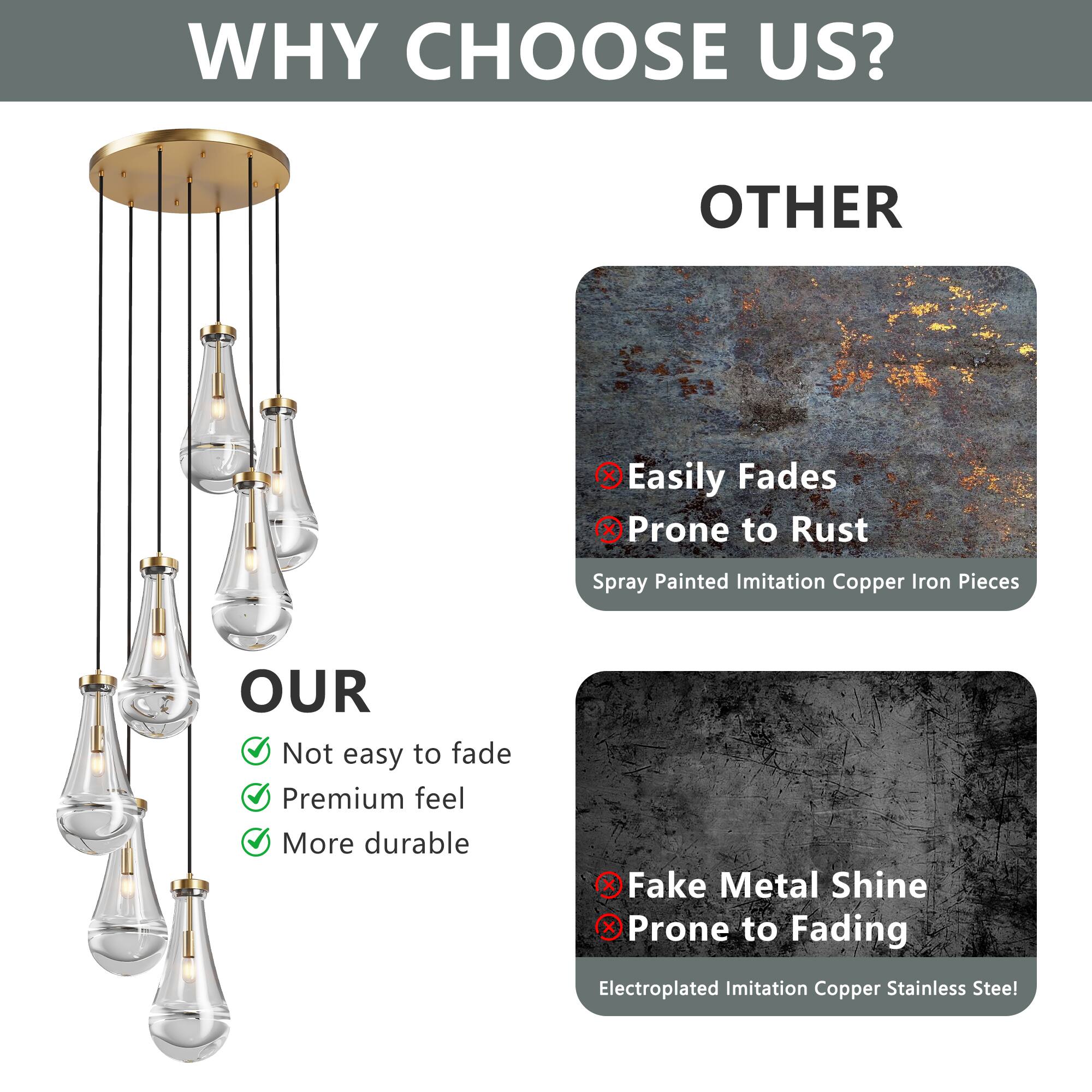 **WHY CHOOSE US?**

**OUR**
- Not easy to fade
- Premium feel
- More durable

**OTHER**
- Easily Fades
- Prone to Rust
- Spray Painted Imitation Copper Iron Pieces

- Fake Metal Shine
- Prone to Fading
- Electroplated Imitation Copper Stainless Steel