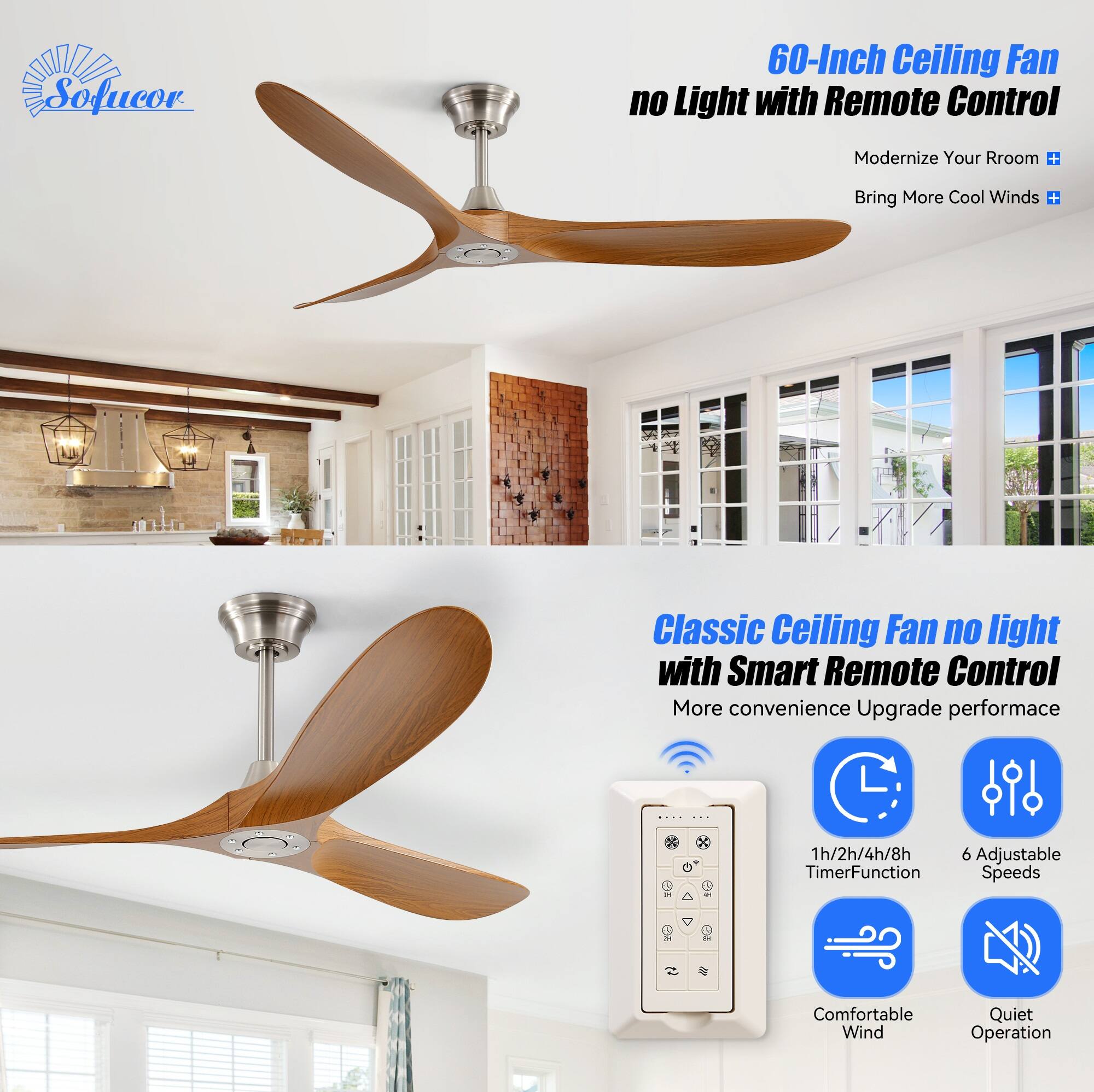Sofucor 60-Inch Ceiling Fan no Light with Remote Control  
Modernize Your Room + Bring More Cool Winds  

Classic Ceiling Fan no light with Smart Remote Control  
More convenience Upgrade performance  

1h/2h/4h/8h Timer Function  
6 Adjustable Speeds  
Comfortable Wind  
Quiet Operation