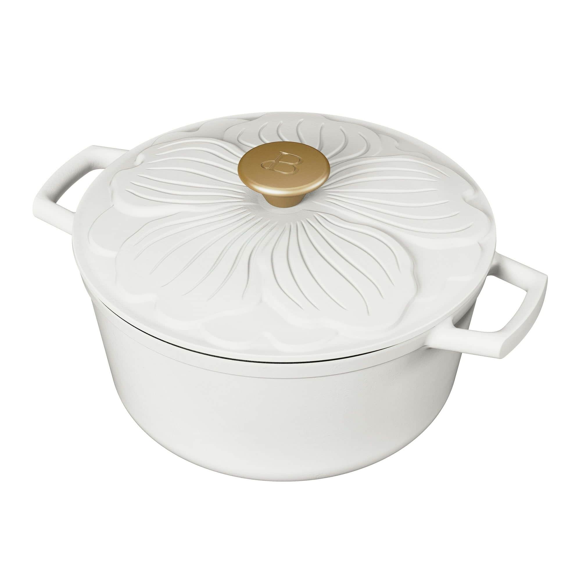 Front. Mirfee - 4 Quart Enameled Cast Iron Dutch Oven with Petal Lid, White Icing - White.