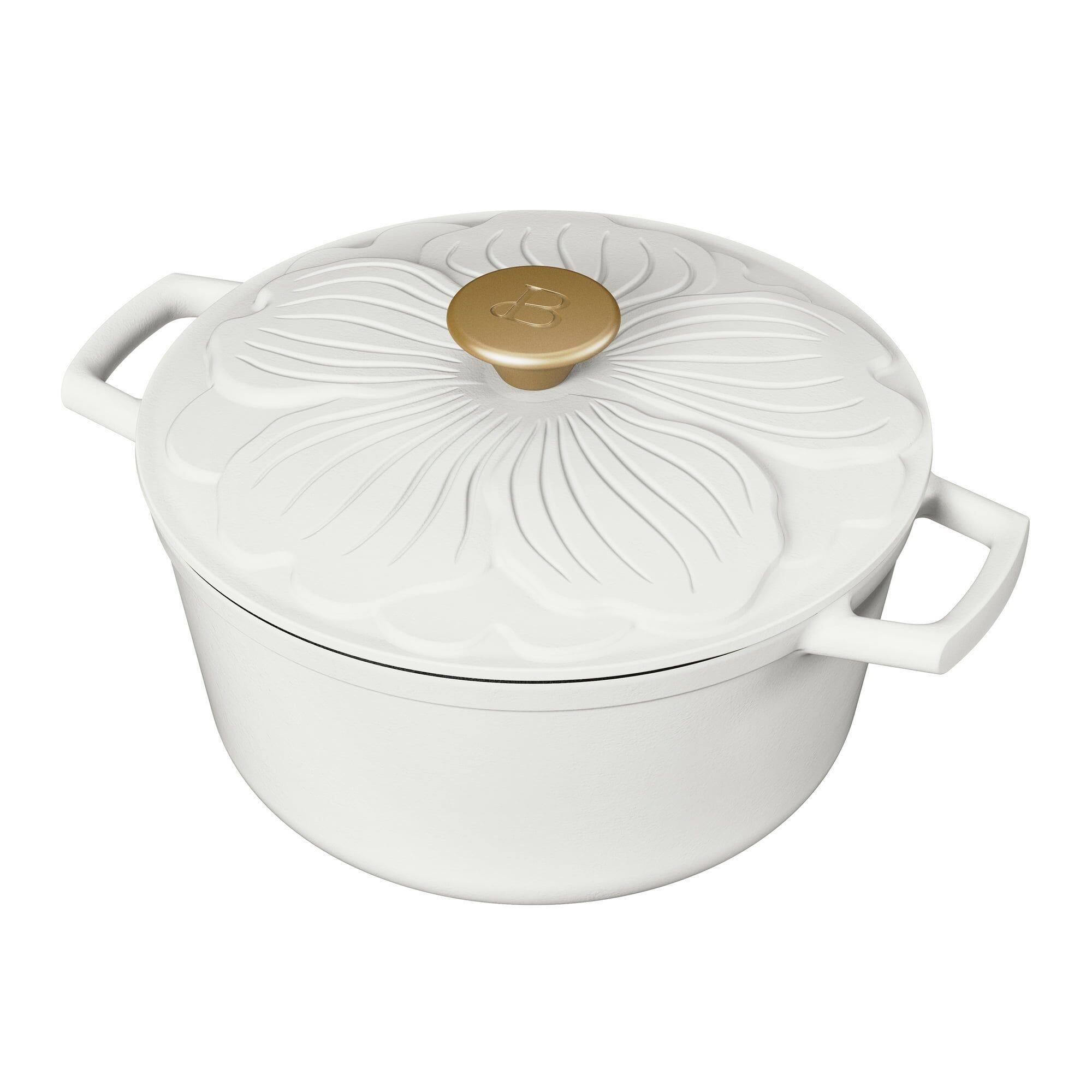 Front. Mirfee - 4 Quart Enameled Cast Iron Dutch Oven with Petal Lid, White Icing - White.