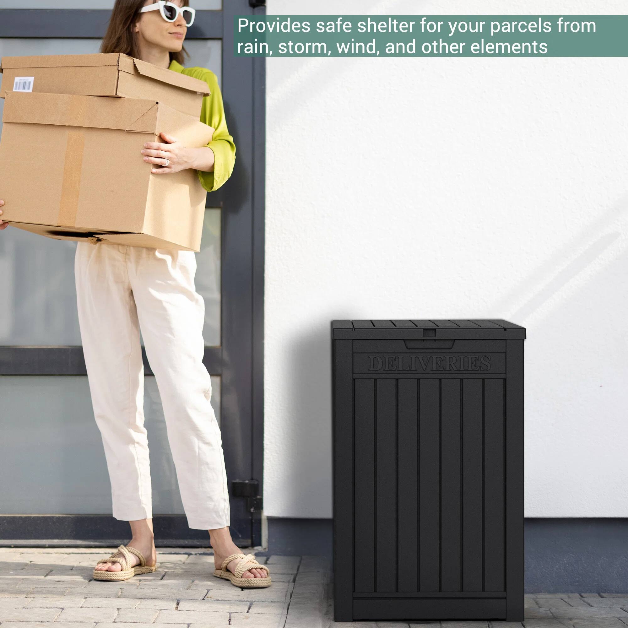 Provides safe shelter for your parcels from rain, storm, wind, and other elements.