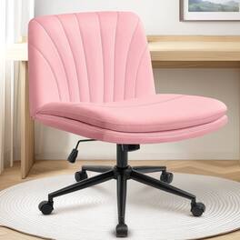 Neo Chair - Criss Cross Chair with Wheels, Armless Cross-Legged Office Desk Chair, PU Leather Rolling Vanity Chair for Home Office - Leather-Pink