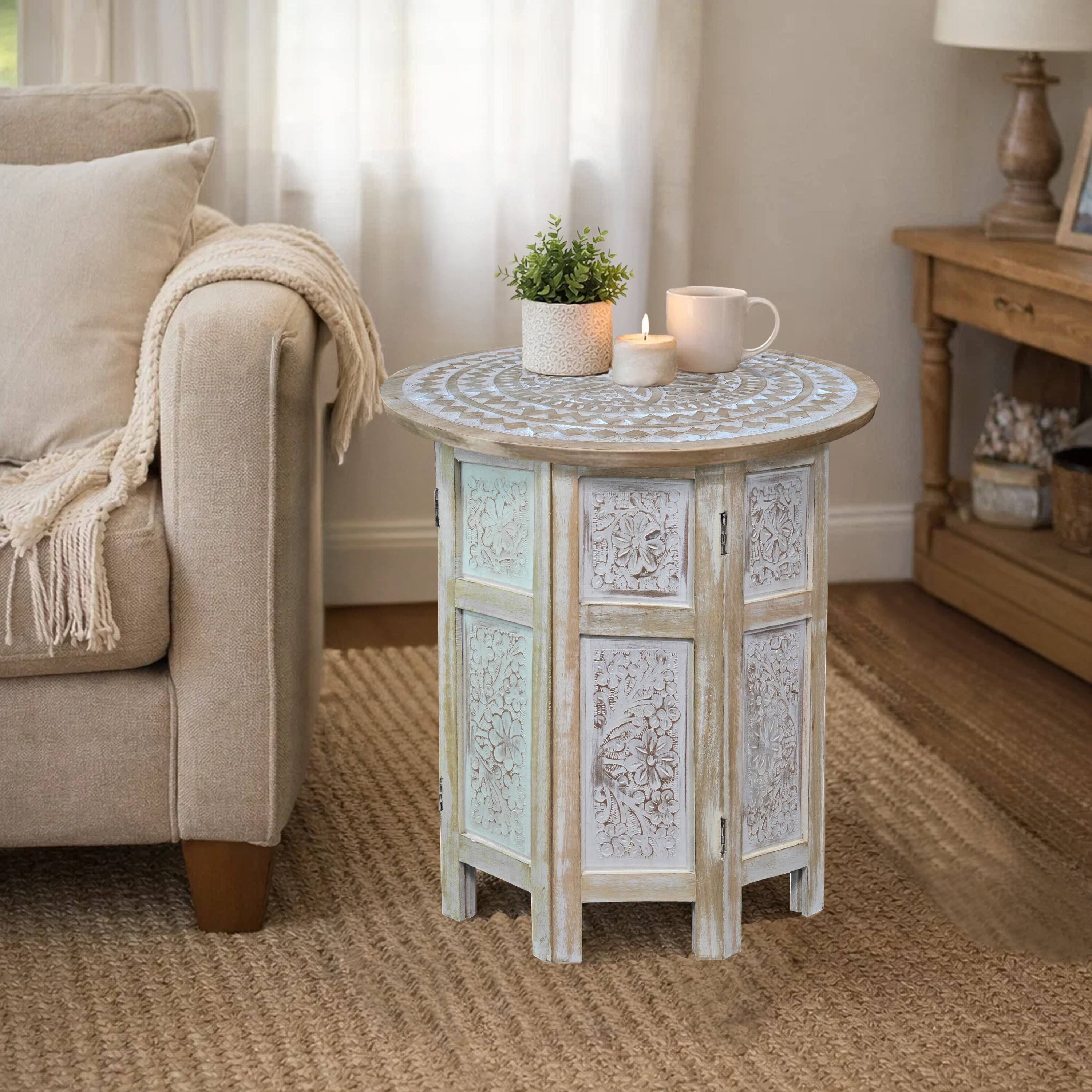 Alt View 9. Manhattan Lane - Accent Side Table, Mango Wood 18 Inch Round Top, Hand Carved Inlay Mandala Design - Washed White.