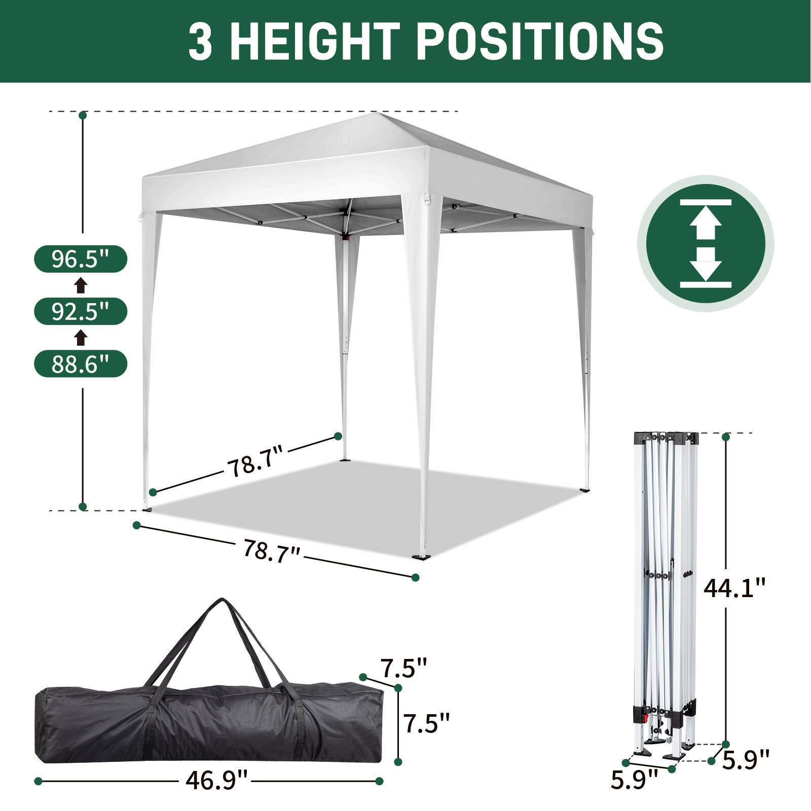 3 HEIGHT POSITIONS

96.5"  
92.5"  
88.6"  
78.7"  
78.7"  
44.1"  
7.5"  
46.9"  
7.5"  
5.9"  
5.9"